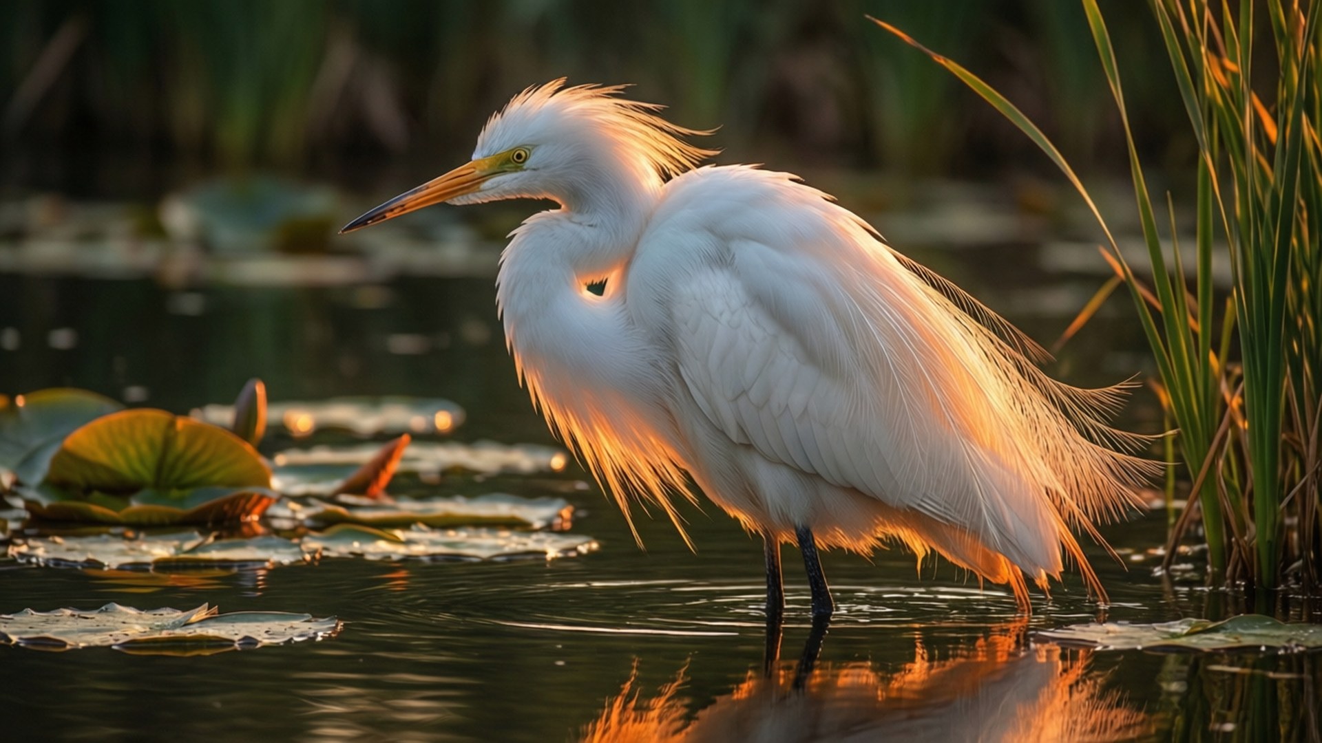 Egret 桌布 壁紙 — 一隻白鷺優雅地站在淺水中，周圍是睡蓮和蘆葦，沐浴在金色的日落光芒中。