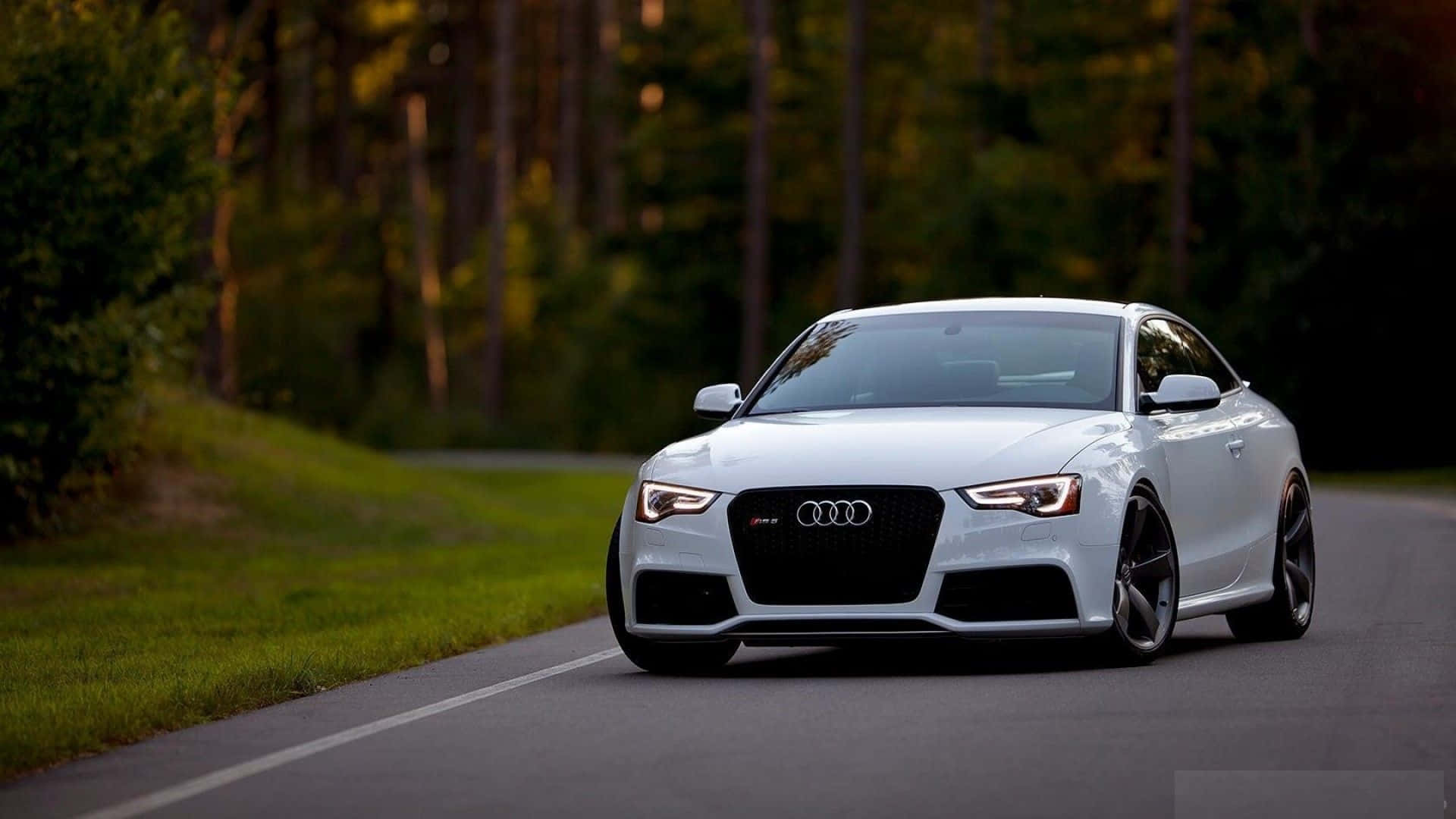 Audi S5 桌布 壁紙 — 一輛時尚的白色奧迪RS5雙門跑車在黃金時段沿著森林道路行駛，柔和的光線穿過樹木。