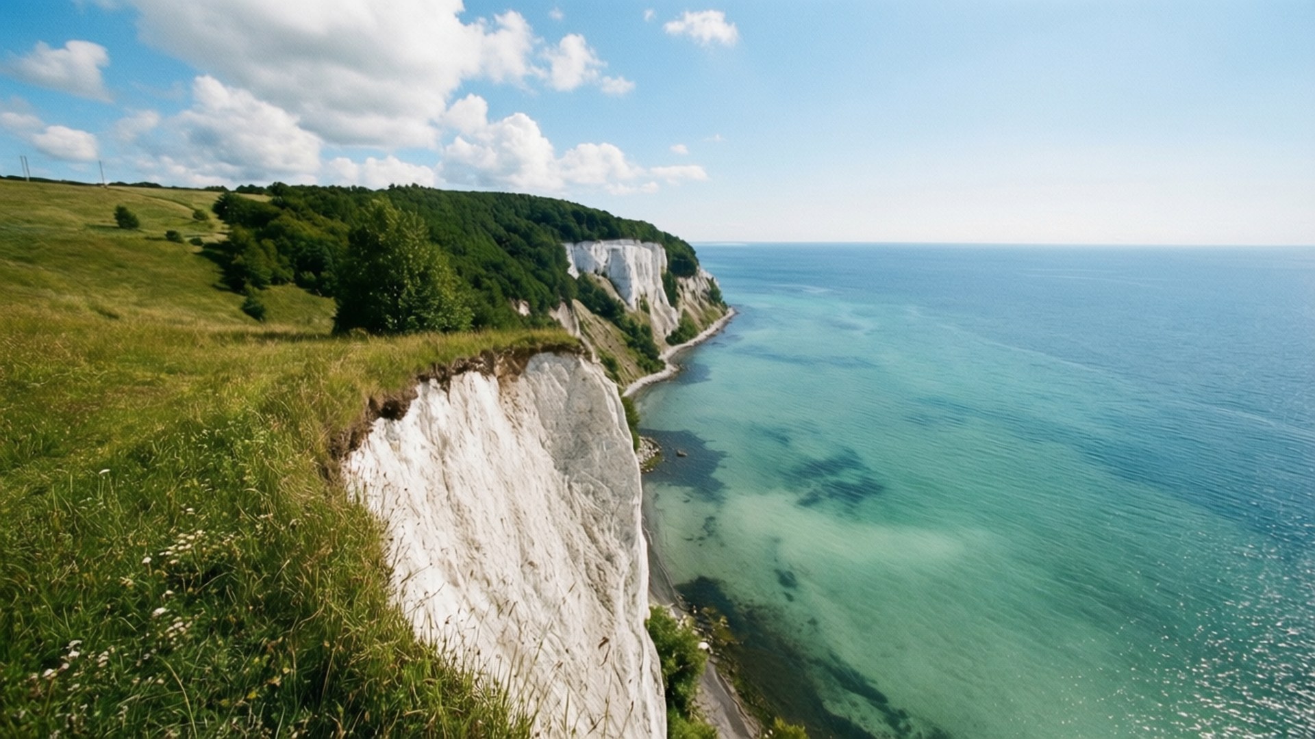 Møns Klint Cliffs 壁紙 — 白色白堊懸崖與碧綠海水相遇，在明亮的藍天下有蓬鬆雲朵的戲劇性海岸景觀。