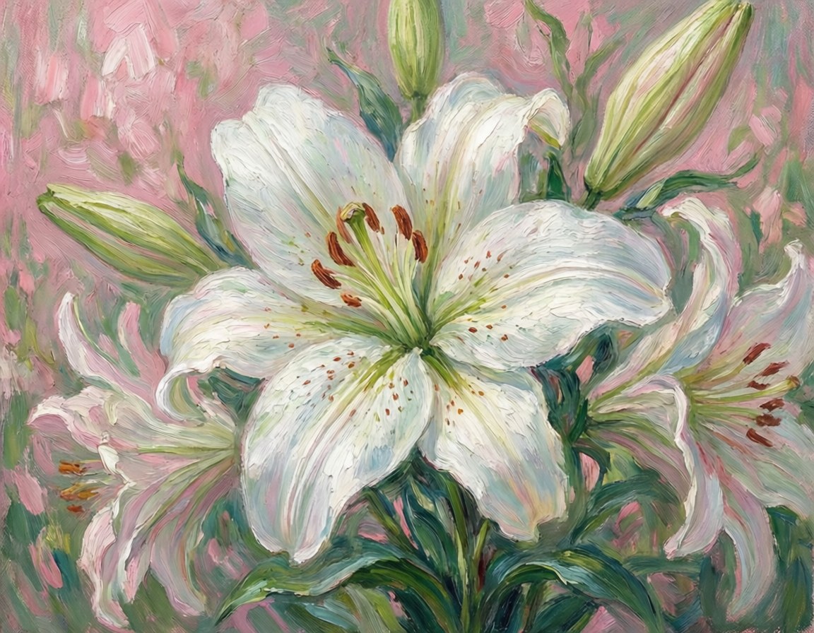 Impressionist Lily Dream 壁紙 — 一幅充滿活力的油畫，描繪白色百合花，帶有橙色雄蕊和綠色花蕾，背景是柔和的粉紅色紋理。