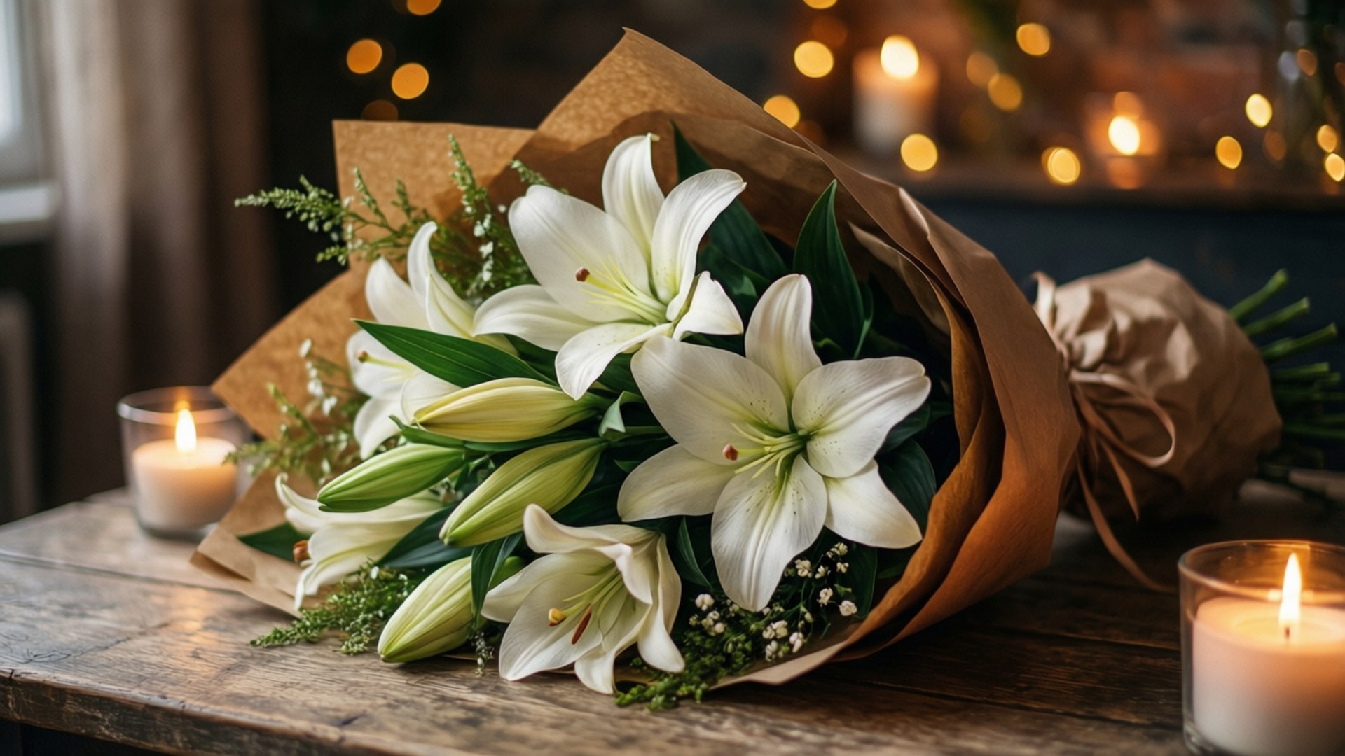 Rustic White Lily Bouquet 壁紙 — 一束白色百合花用棕色紙包裹，放在木桌上，旁邊有兩根點燃的蠟燭，背景是溫暖的散景燈光。