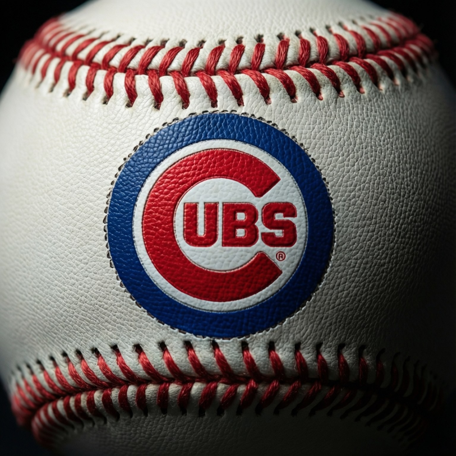 Cubs Logo on Ball 壁紙 — 白色棒球的特寫，帶有紅色縫線，表面中央有藍、紅、白色的芝加哥小熊隊標誌。