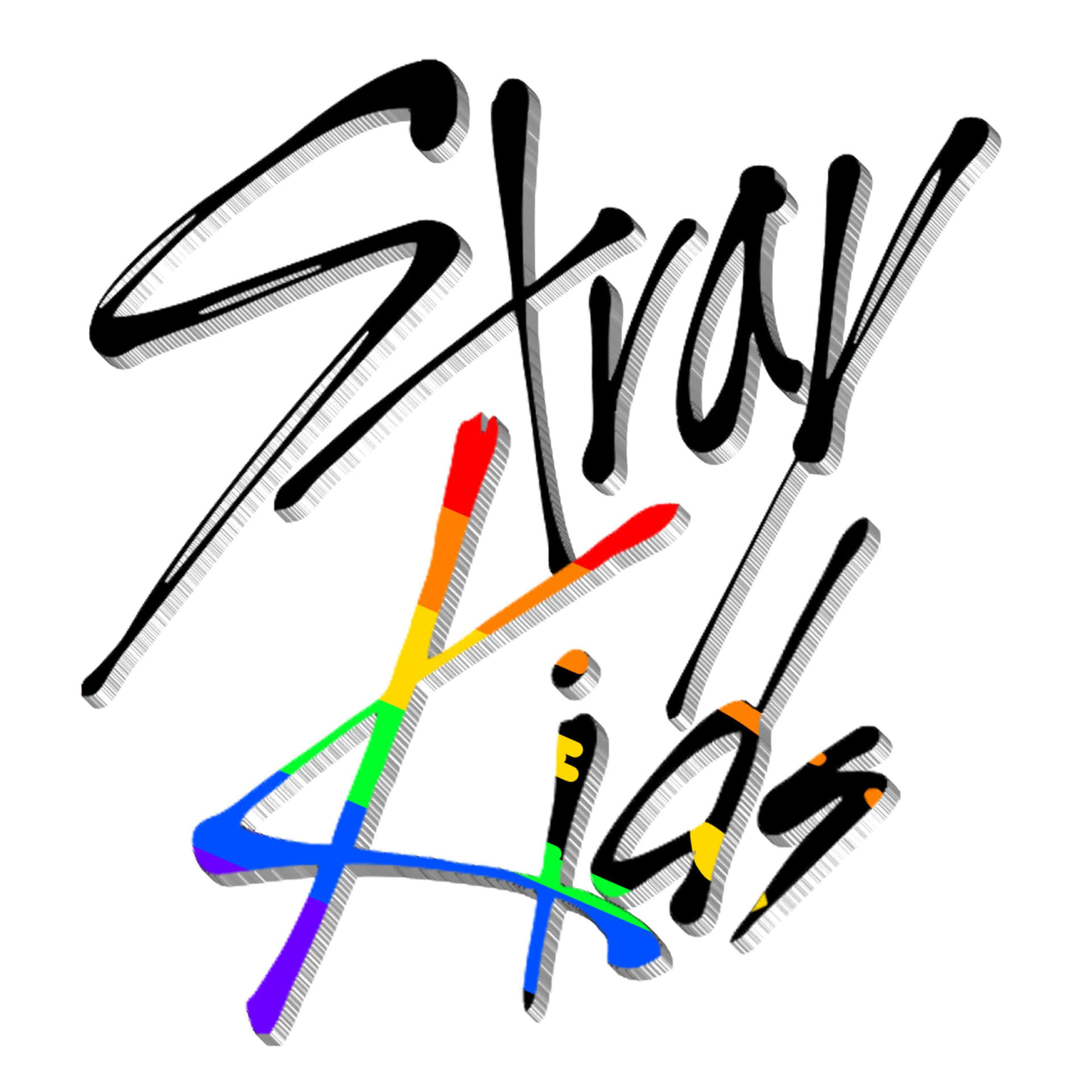  壁紙 — 白色背景上帶有彩虹色畫筆點綴的粗體黑色畫筆文字「Stray Kids」。