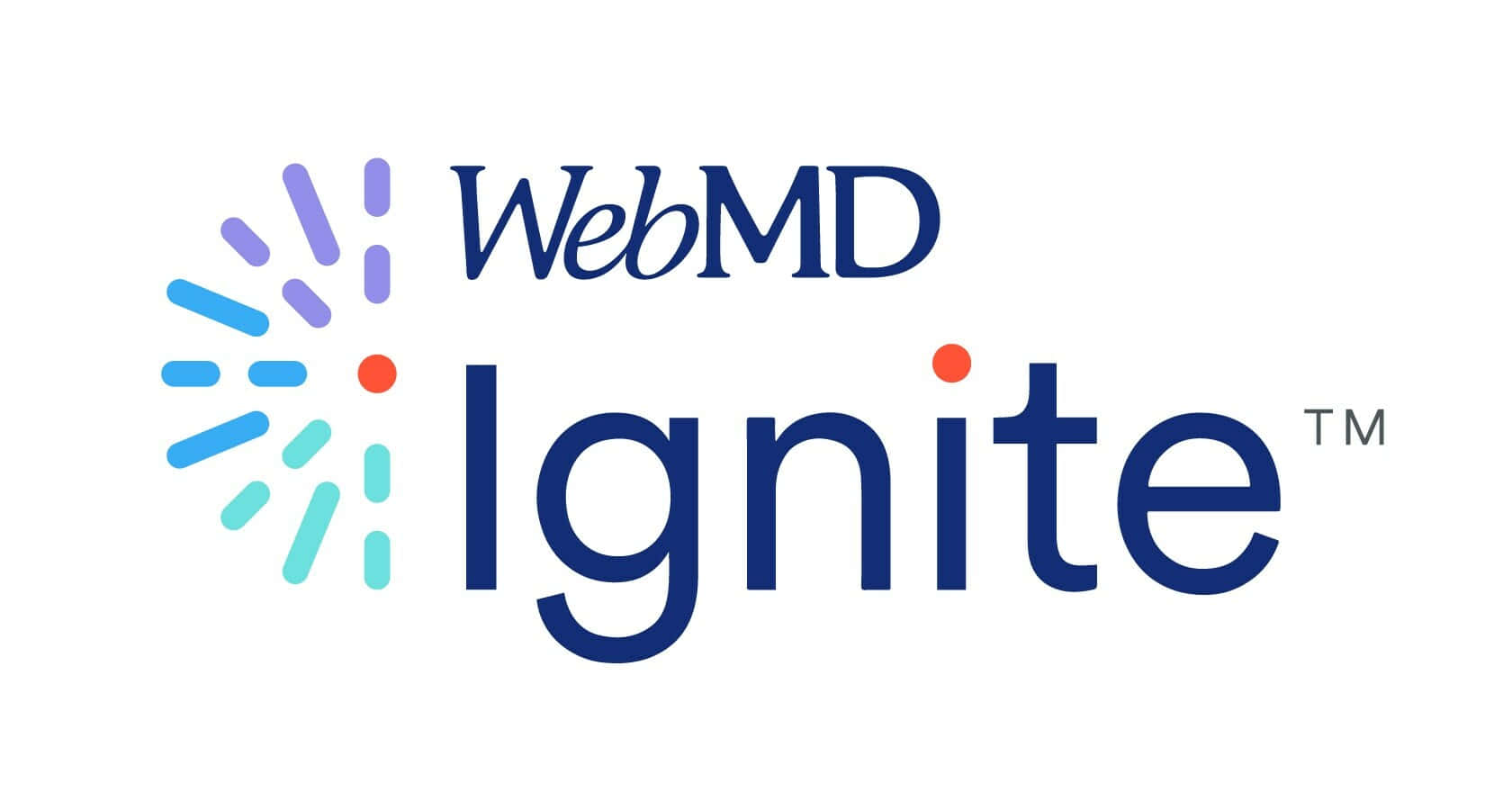  壁紙 — 白色背景上帶有藍色文字和彩色放射線的WebMD Ignite標誌。