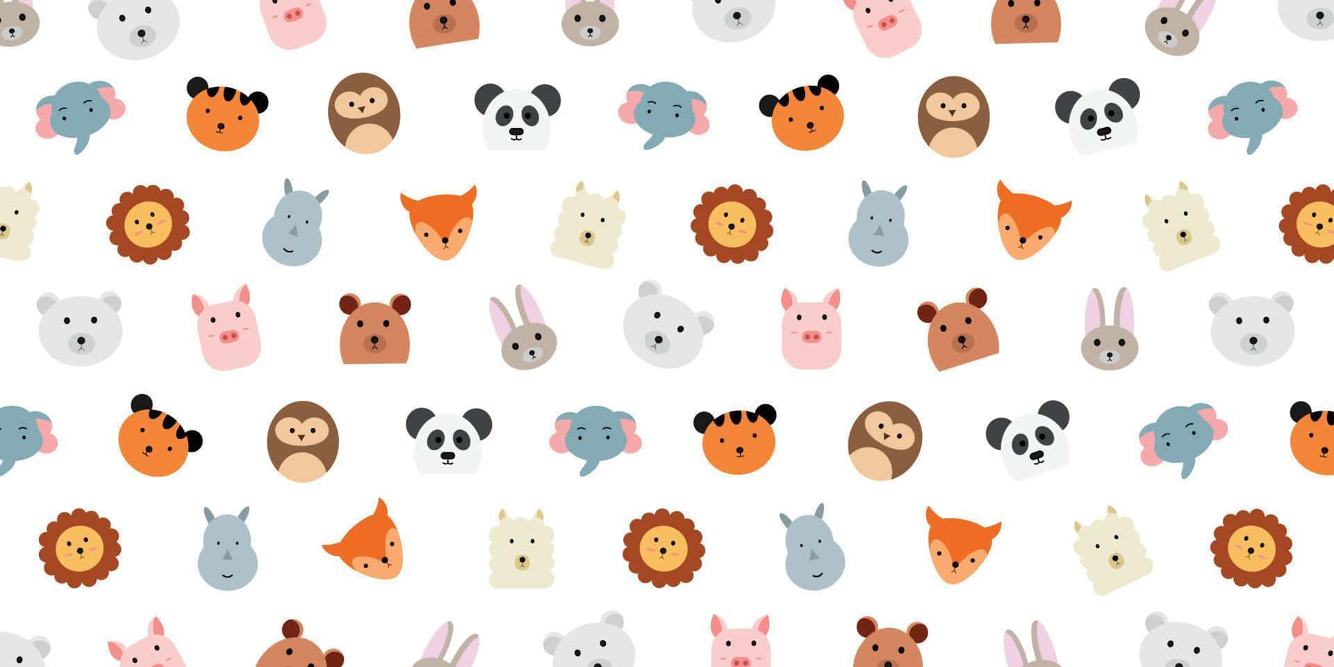  壁紙 — 白色背景上以柔和色調呈現的可愛卡通動物頭部圖案。