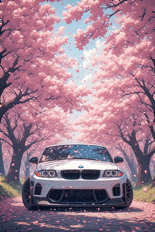 白色BMW汽車在粉紅色櫻花樹下行駛，花瓣飄落 — 豪華車 壁紙