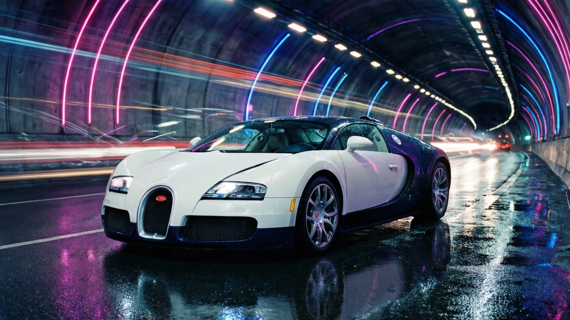 Veyron Tunnel Vision 壁紙 — 一輛白色Bugatti Veyron在霓虹燈隧道中飛馳，燈光在濕漉漉的路面上反射出條紋。