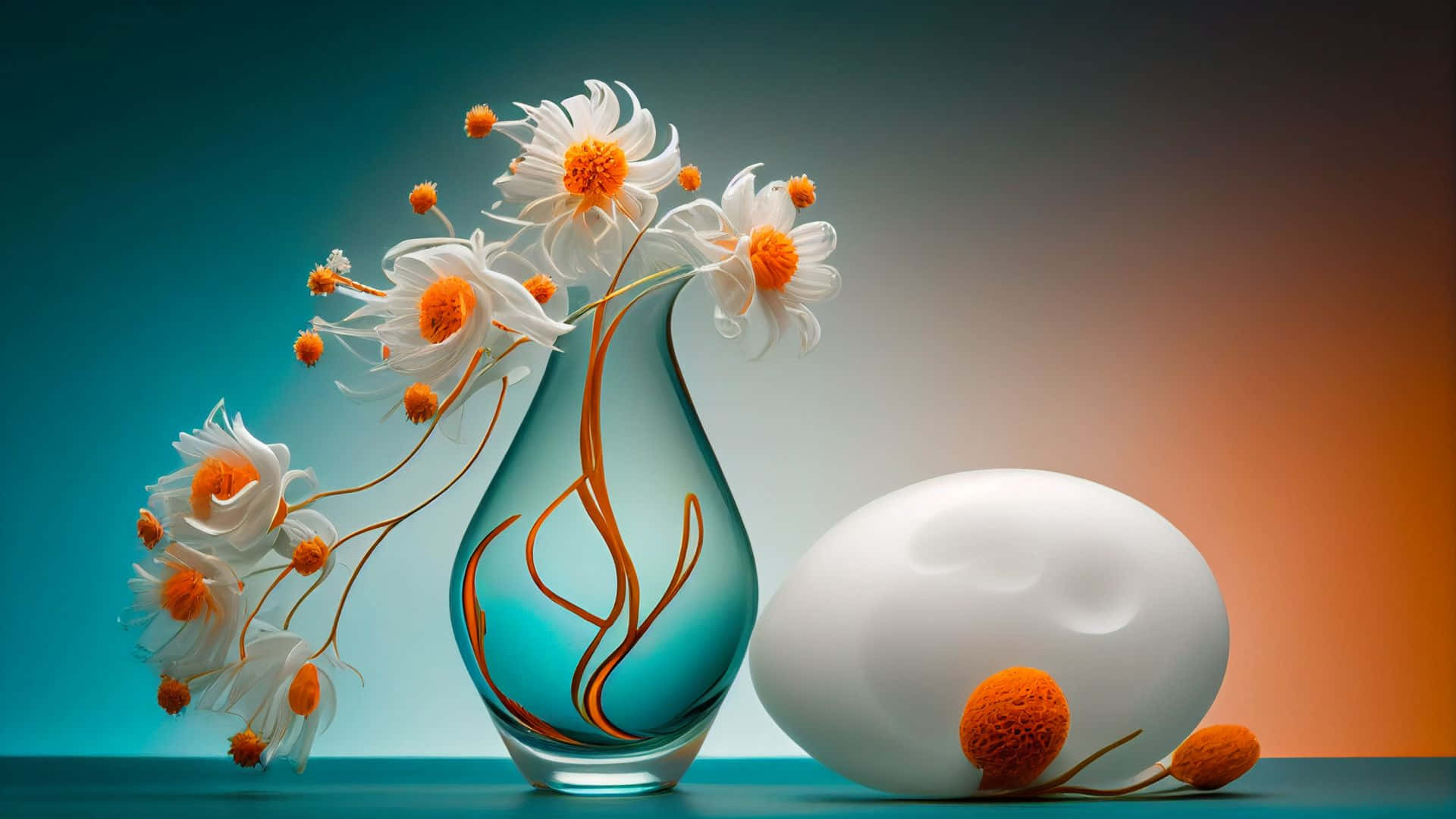  壁紙 — 一個玻璃花瓶裡插著白色雛菊和橙色花心，旁邊放著一個白色蛋形物體，背景是從青綠色到橙色的漸變色。