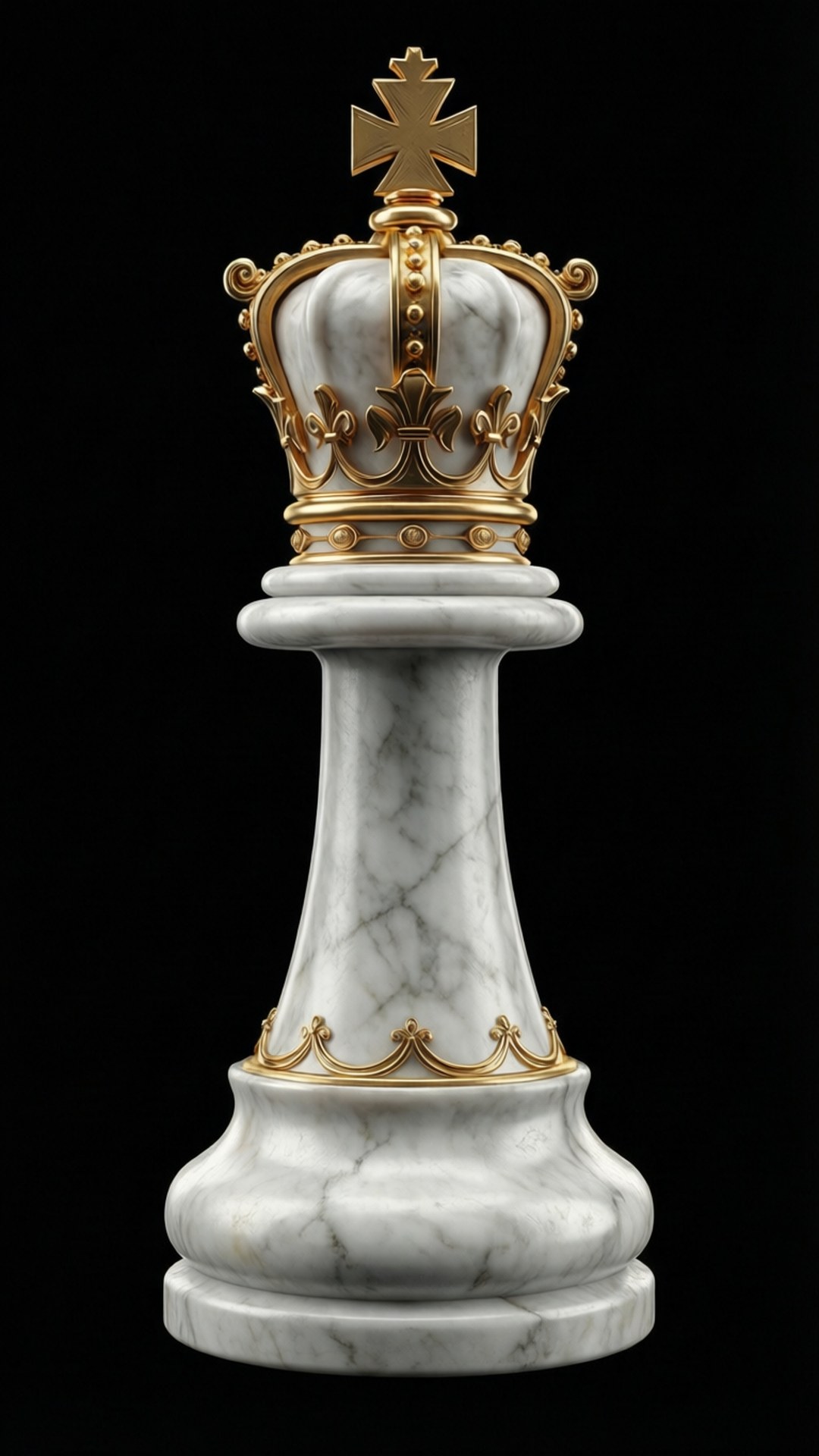Marble King 壁紙 — 一個由白色大理石製成、帶有金色點綴和頂部有十字架的皇冠的威嚴國際象棋國王棋子，背景為黑色。