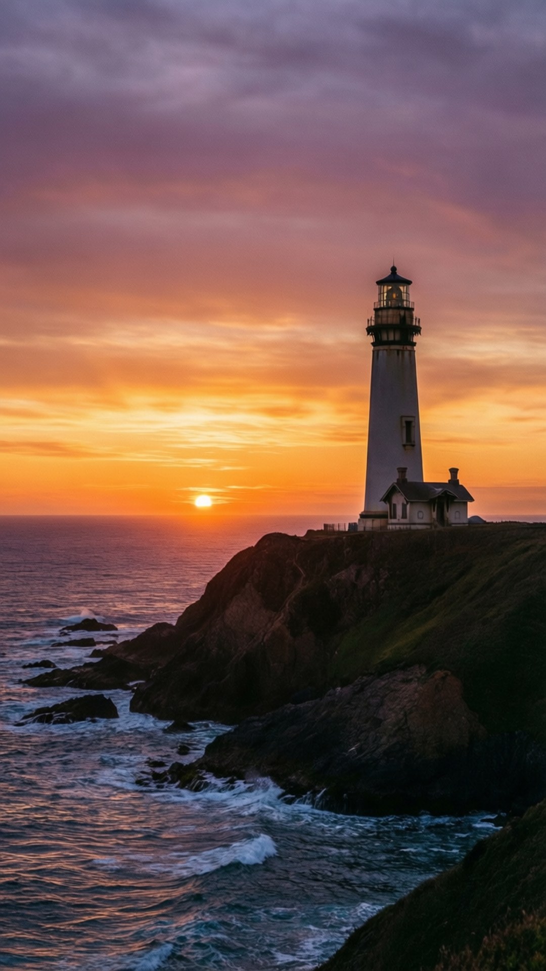 Lighthouse Sunset 壁紙 — 一座白色燈塔矗立在崎嶇的懸崖上，夕陽以火熱的橙色和紫色色調沉入海洋。