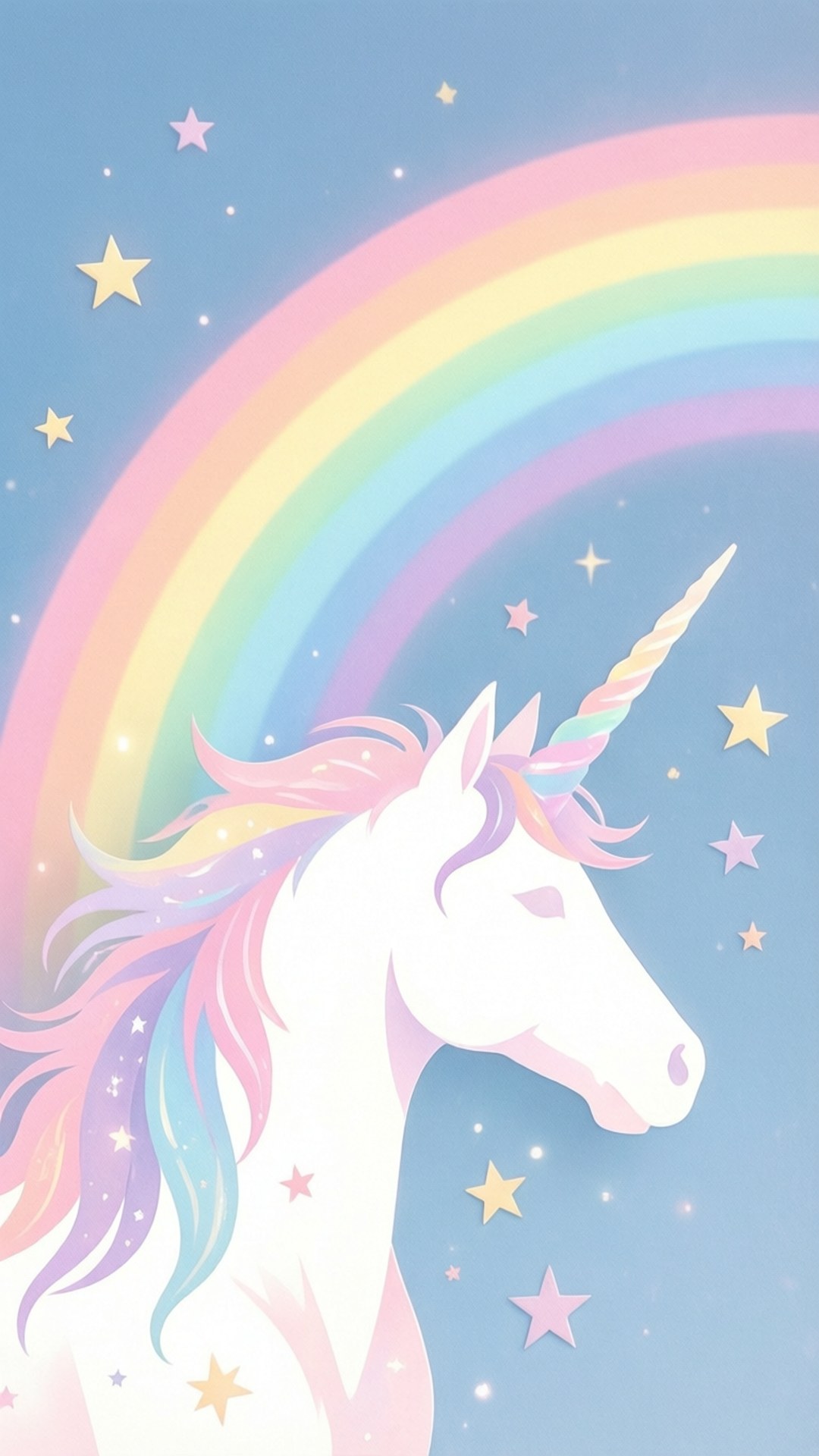 Rainbow Unicorn Silhouette 壁紙 — 一隻白色獨角獸，擁有粉彩彩虹鬃毛和角，站在一道橫跨星空的鮮豔彩虹下。