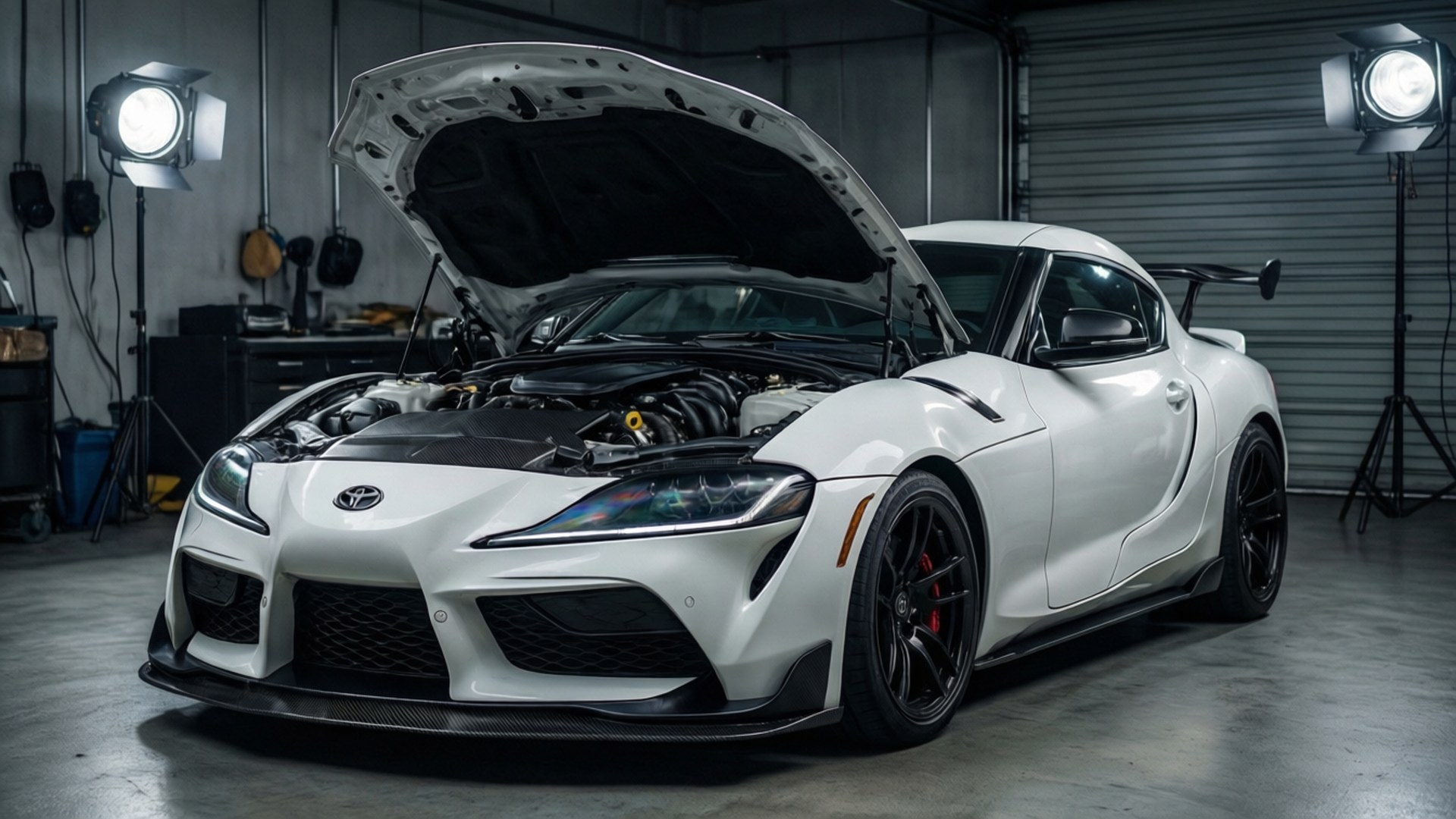 白色豐田Supra在明亮車庫中打開引擎蓋展示引擎細節 — Toyota Supra 壁紙