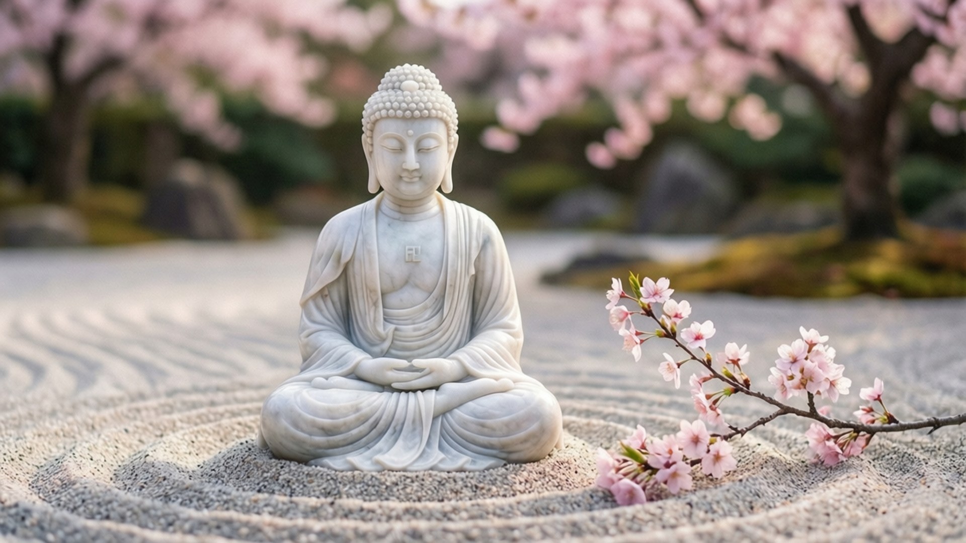 Zen Garden Buddha 壁紙 — 一尊寧靜的白色佛像盤腿坐在耙過的礫石上，背景是柔焦的粉紅櫻花，旁邊放著一枝盛開的花枝。