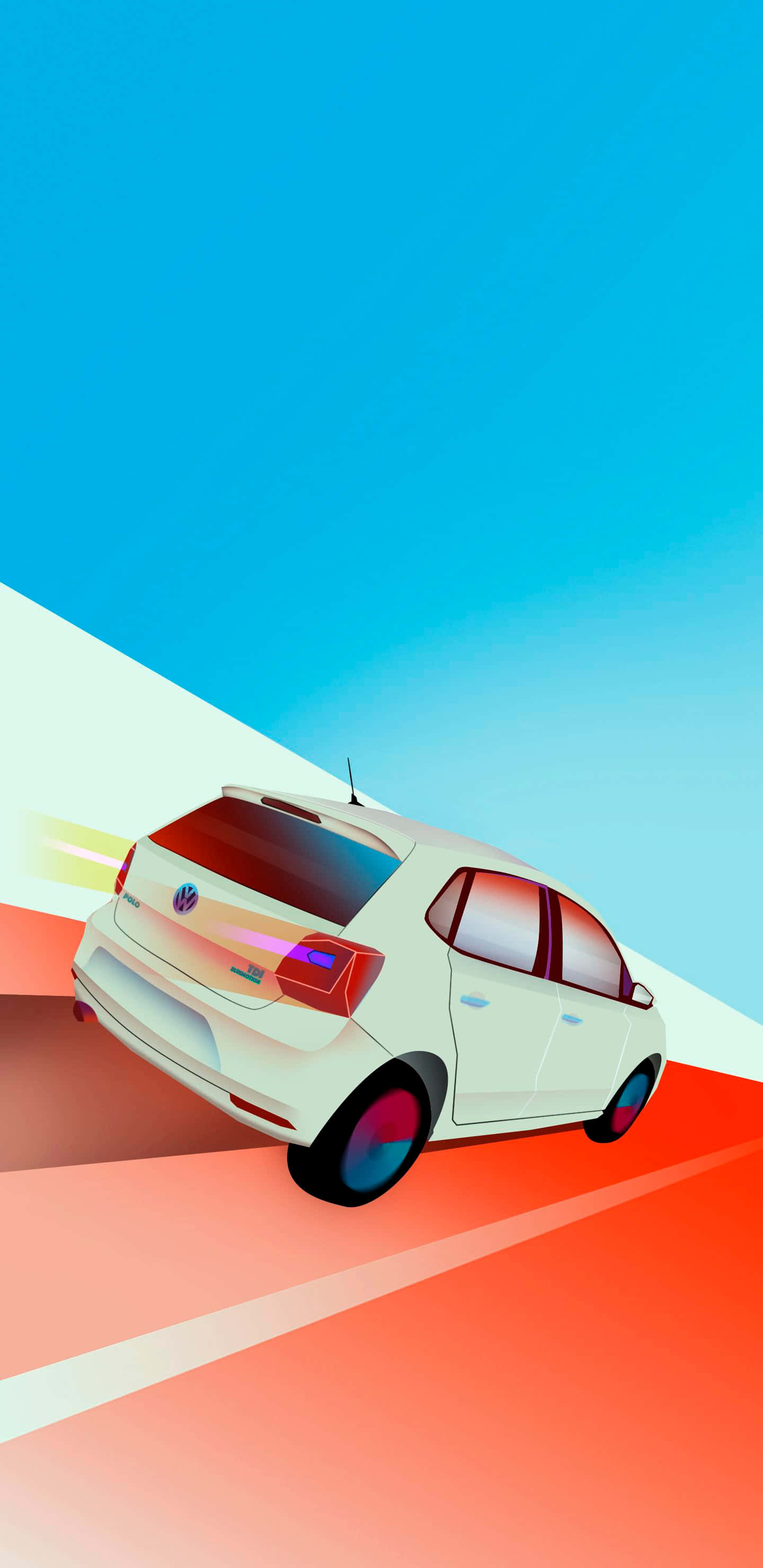 Volkswagen Polo 桌布 壁紙 — 一輛白色福斯掀背車在晴朗藍天下，沿著充滿活力的橙色道路高速行駛，帶有動態模糊痕跡。
