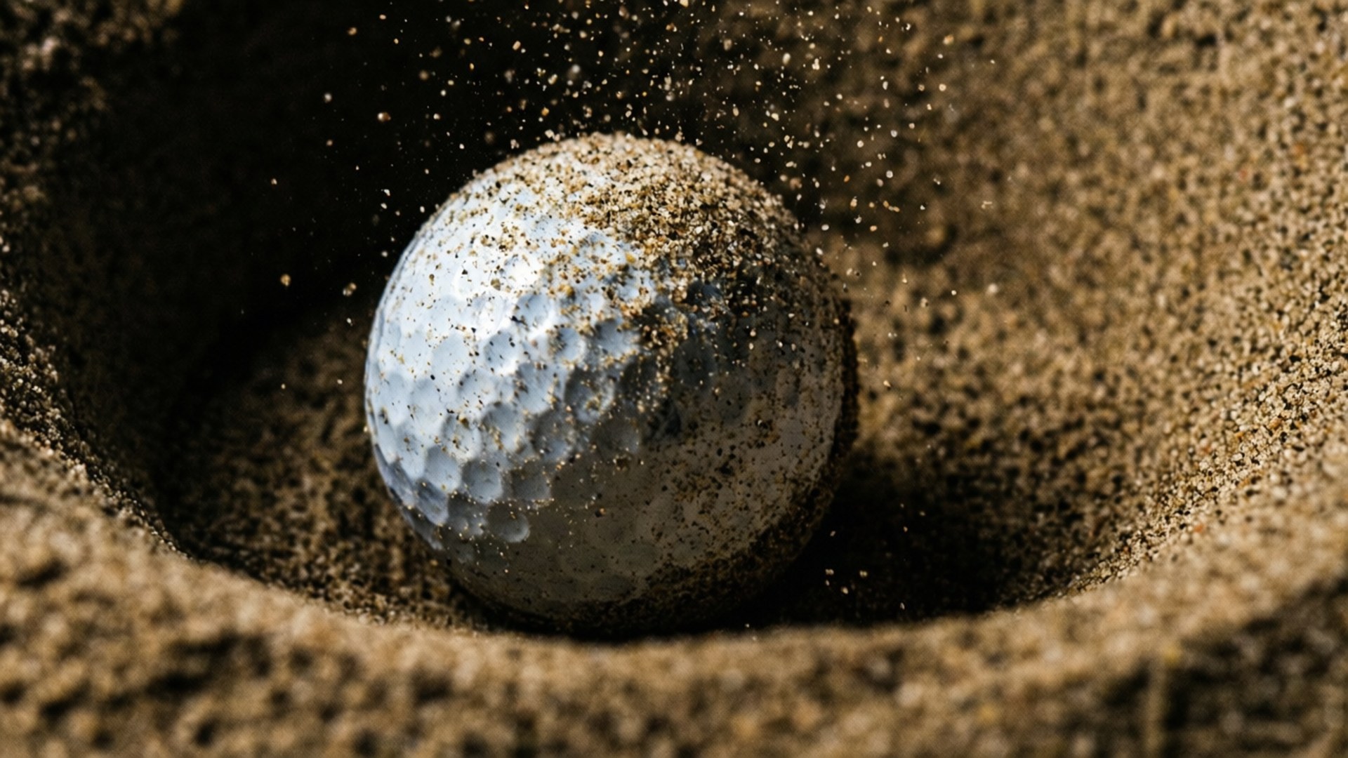 Sand Trap Detail 壁紙 — 一個帶有凹洞的白色高爾夫球從沙坑中彈出，沙粒以慢動作向外飛散。