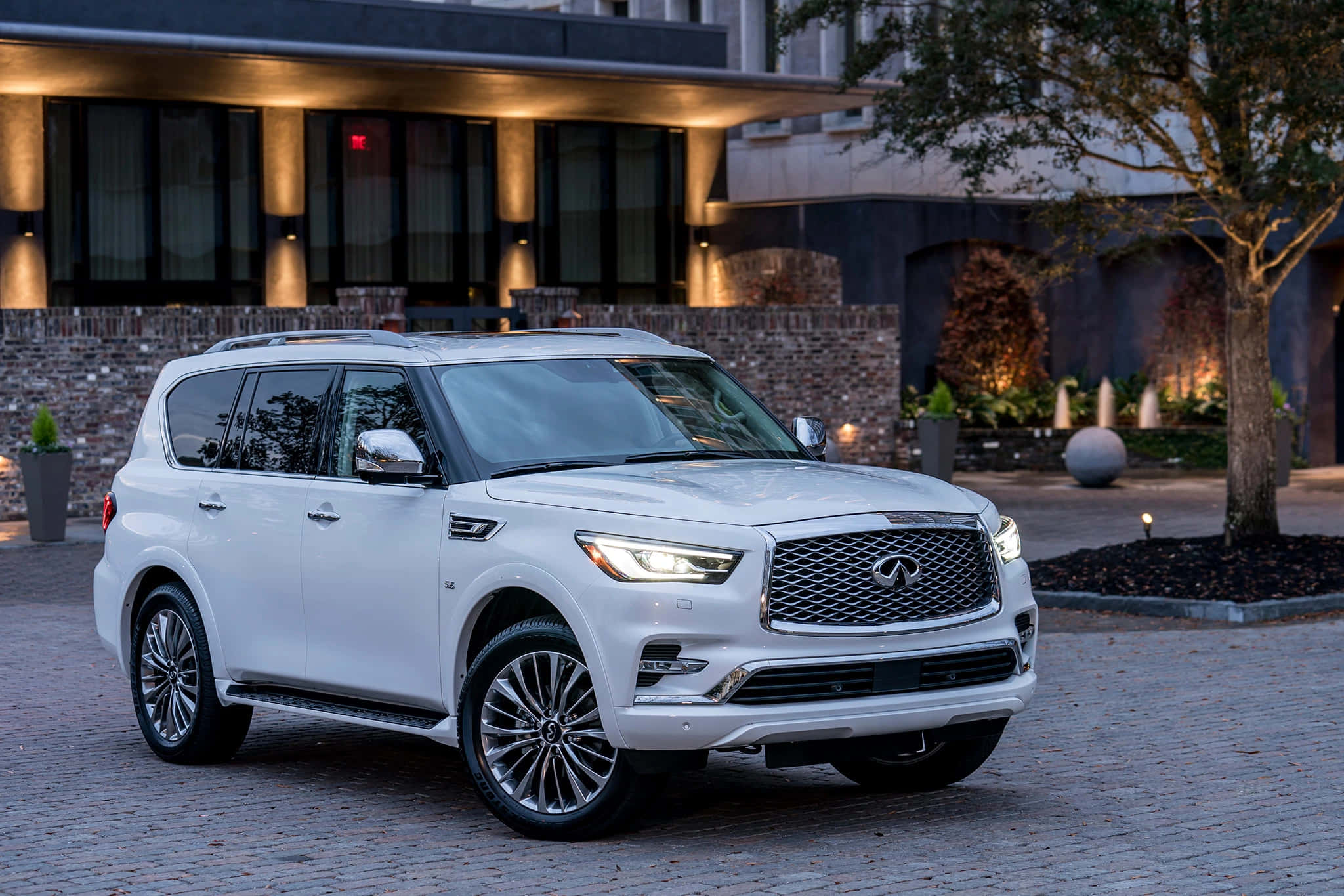 Infiniti Qx80 桌布 壁紙 — 一輛純白色的Infiniti QX80 SUV在暮色燈光下閃閃發光，停在現代石頭和玻璃建築前的鵝卵石車道上。