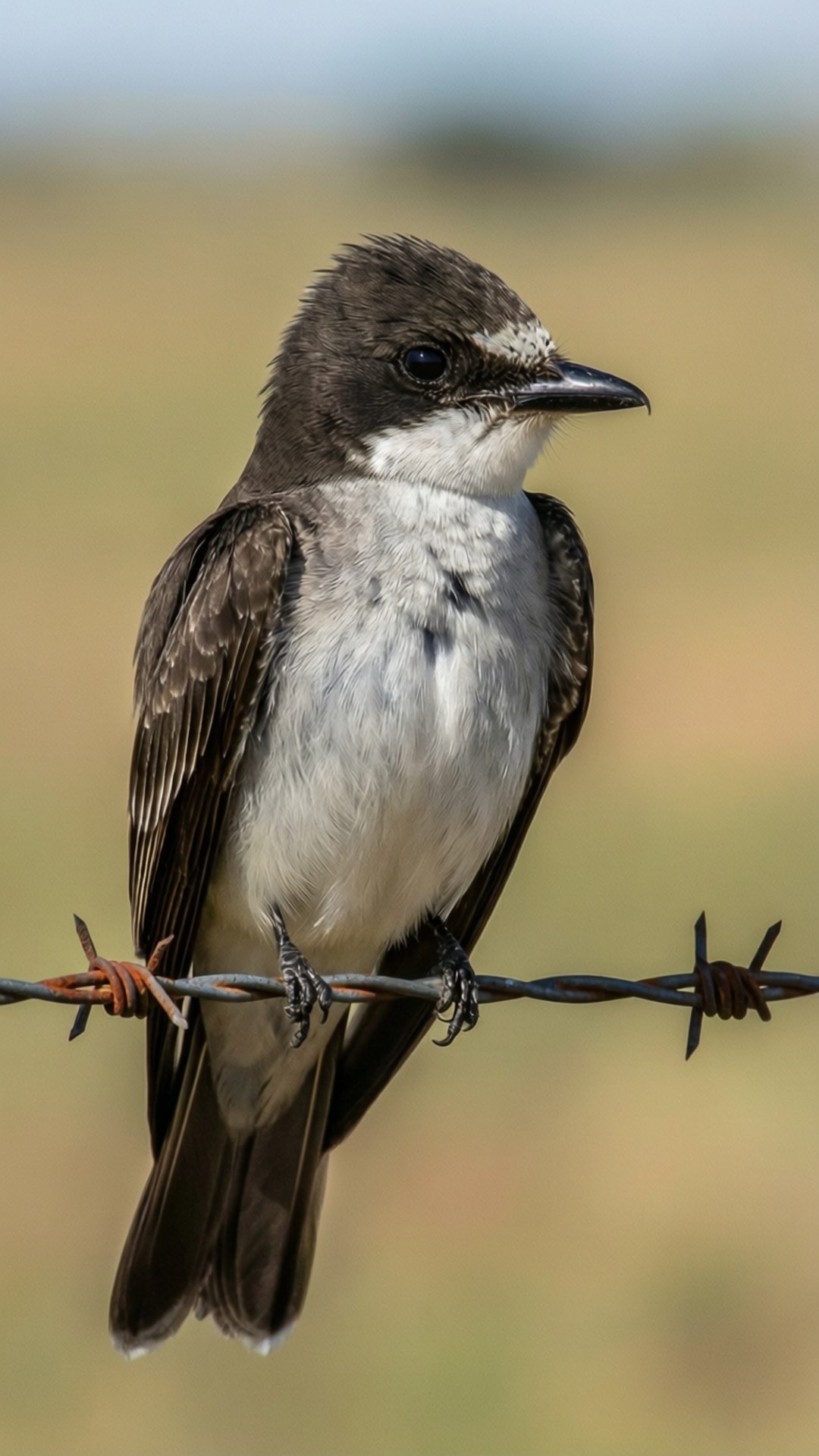 Scissor-Tailed Flycatcher 壁紙 — 一隻白色喉嚨的小黑鳥警覺地棲息在生鏽的鐵絲網圍欄上，背景是柔和模糊的田野。