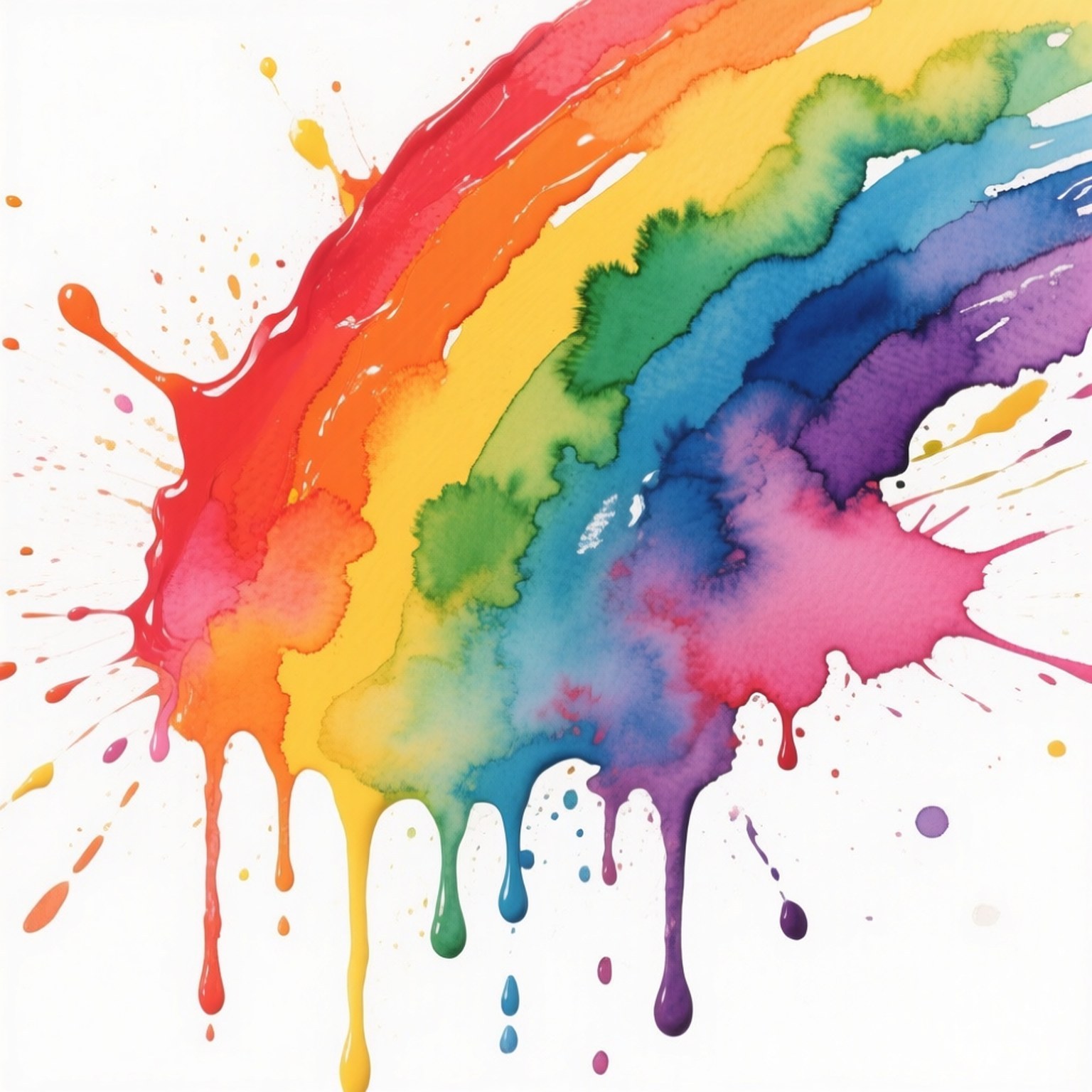 Rainbow Watercolor Splash 壁紙 — 白色畫布上充滿活力的水彩彩虹弧，帶有滴落和飛濺的彩色顏料。
