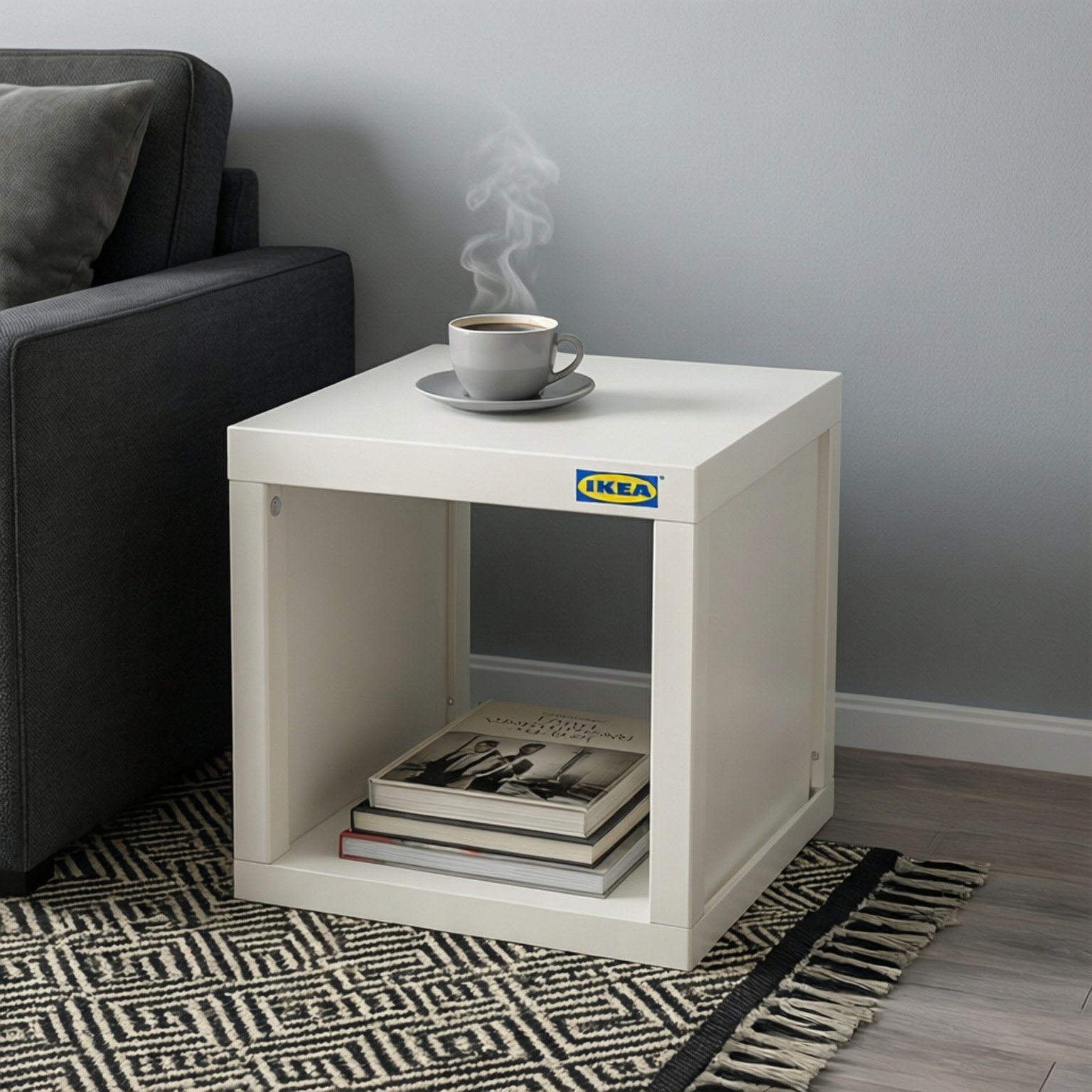 LACK Side Table 壁紙 — 一張白色IKEA邊桌上，在圖案地毯上的深色沙發旁放著一杯冒煙的咖啡。