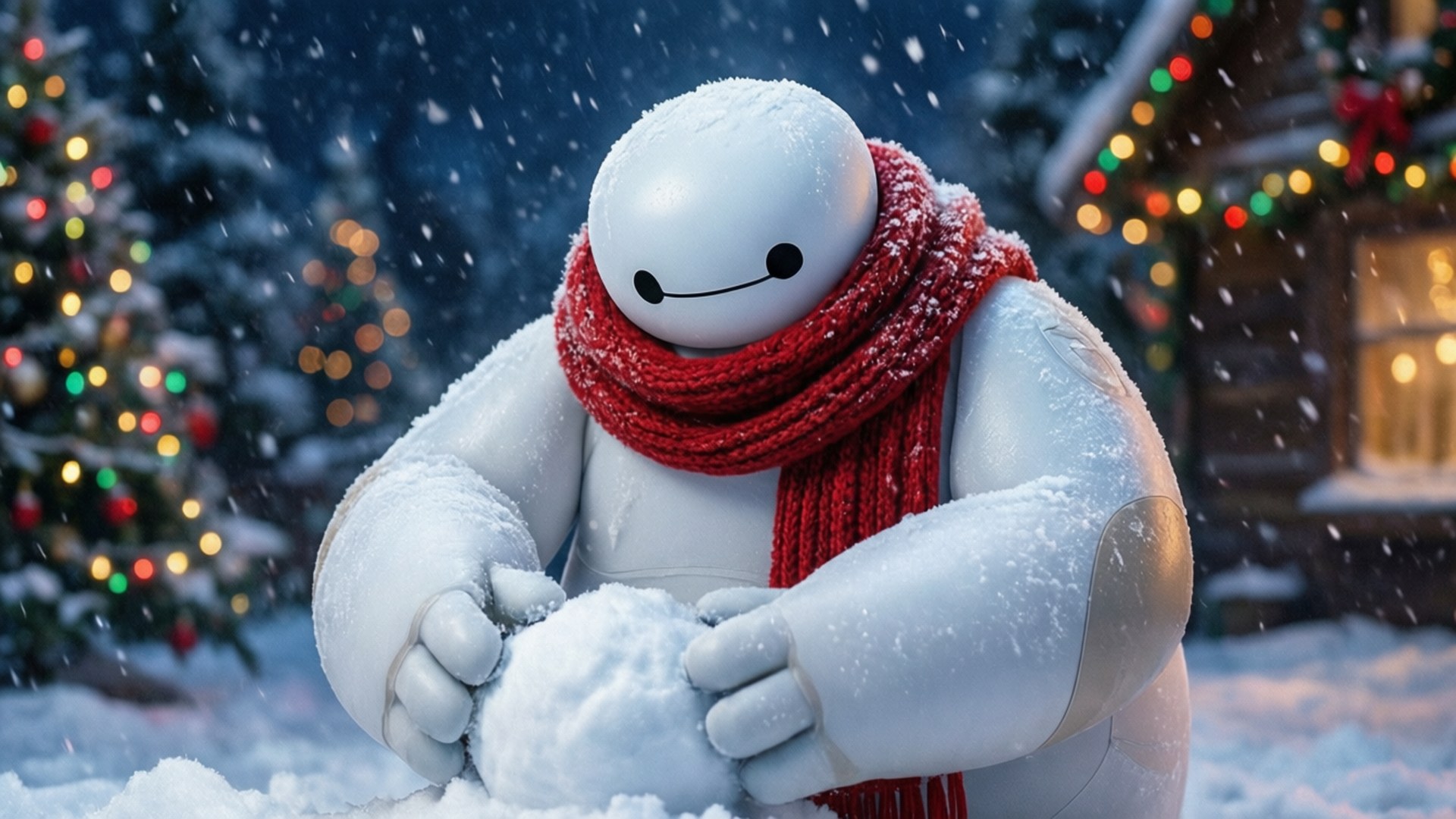 Winter Baymax 壁紙 — 一個白色機器人戴著紅色圍巾，在飄落的雪花下，在節日燈飾亮起的房子附近，輕輕地將雪塑成球狀。