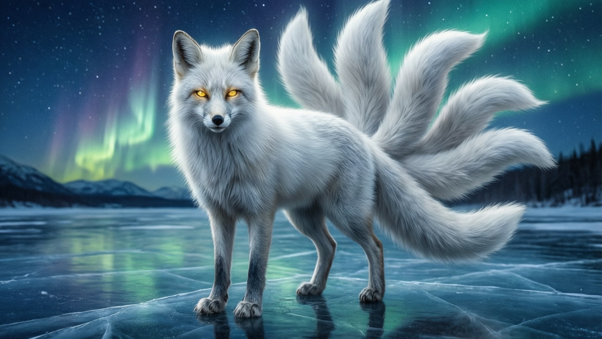 Frozen Aurora Fox 壁紙 — 一隻雄偉的白色九尾狐站在冰凍的湖面上，在充滿活力的北極光下，北極光在雪景中投射出空靈的綠色和紫色色調。