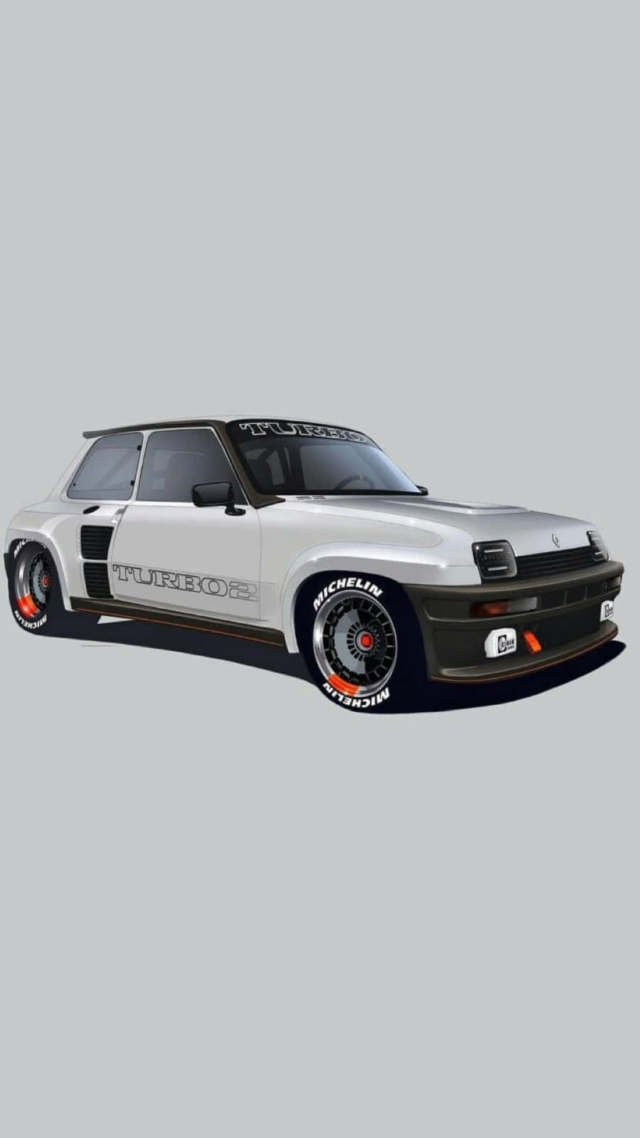 Renault 5 Turbo 桌布 壁紙 — 一架時尚的白色雷諾5 Turbo 2賽車，帶有黑色點綴和米其林輪胎，在純灰色背景前蓄勢待發。