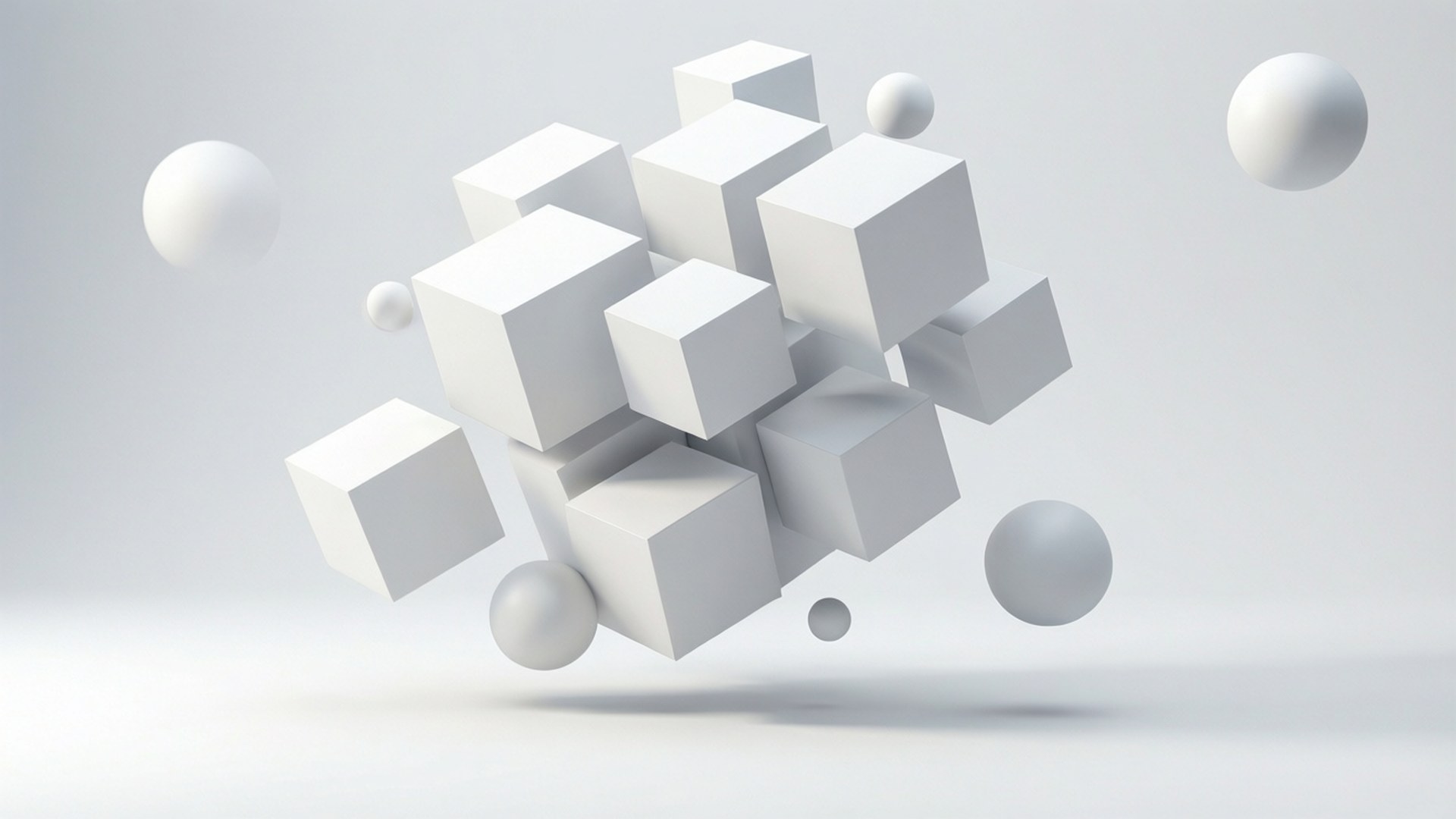 Floating White Cubes 壁紙 — 白色立方體和球體懸浮在極簡主義工作室空間中，帶有柔和陰影。