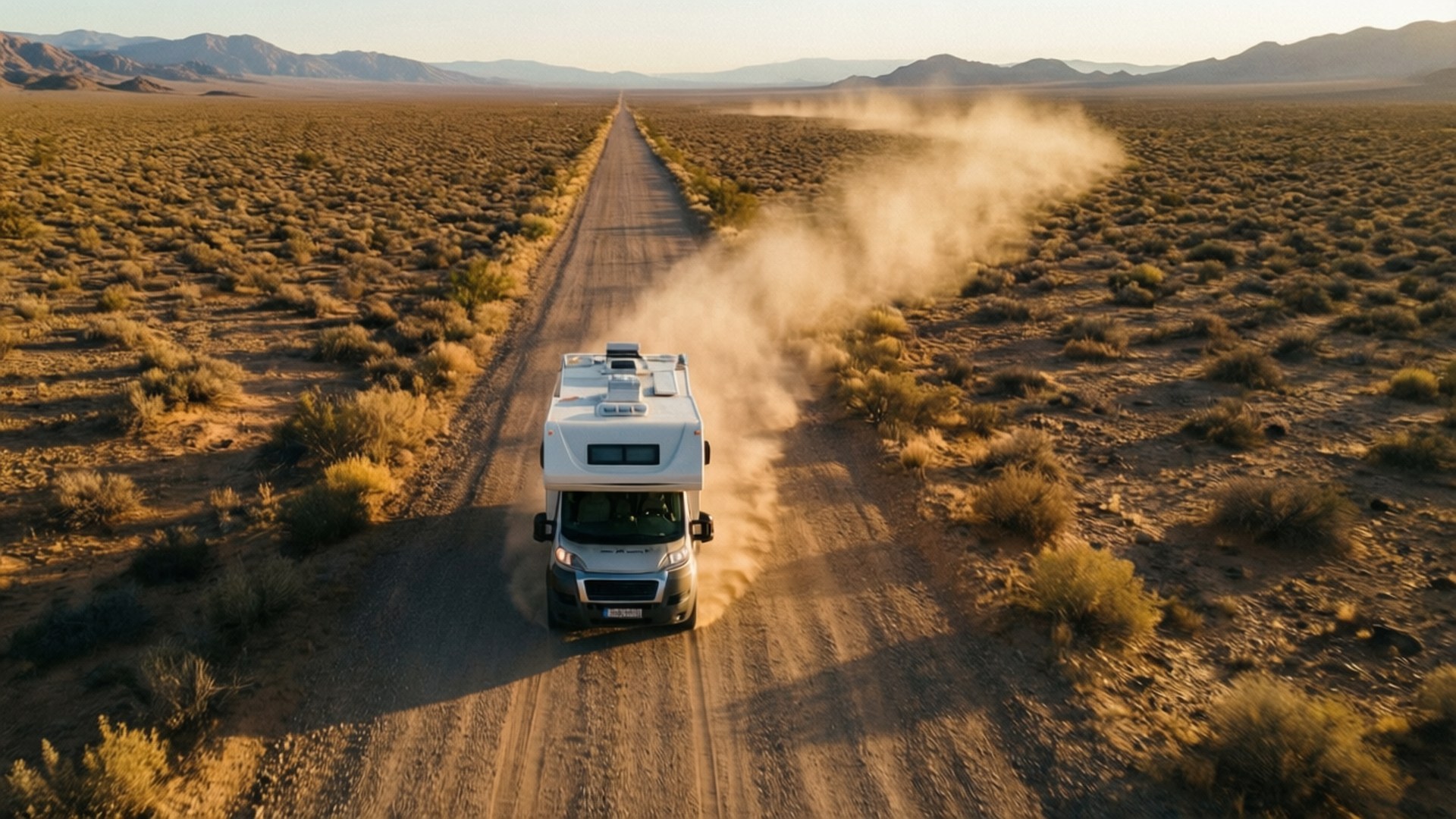 RV on the Desert Road 壁紙 — 一輛白色露營車在金色光線下行駛在一條筆直的沙漠公路上，兩旁有灌木叢和遠處的山脈，揚起灰塵。