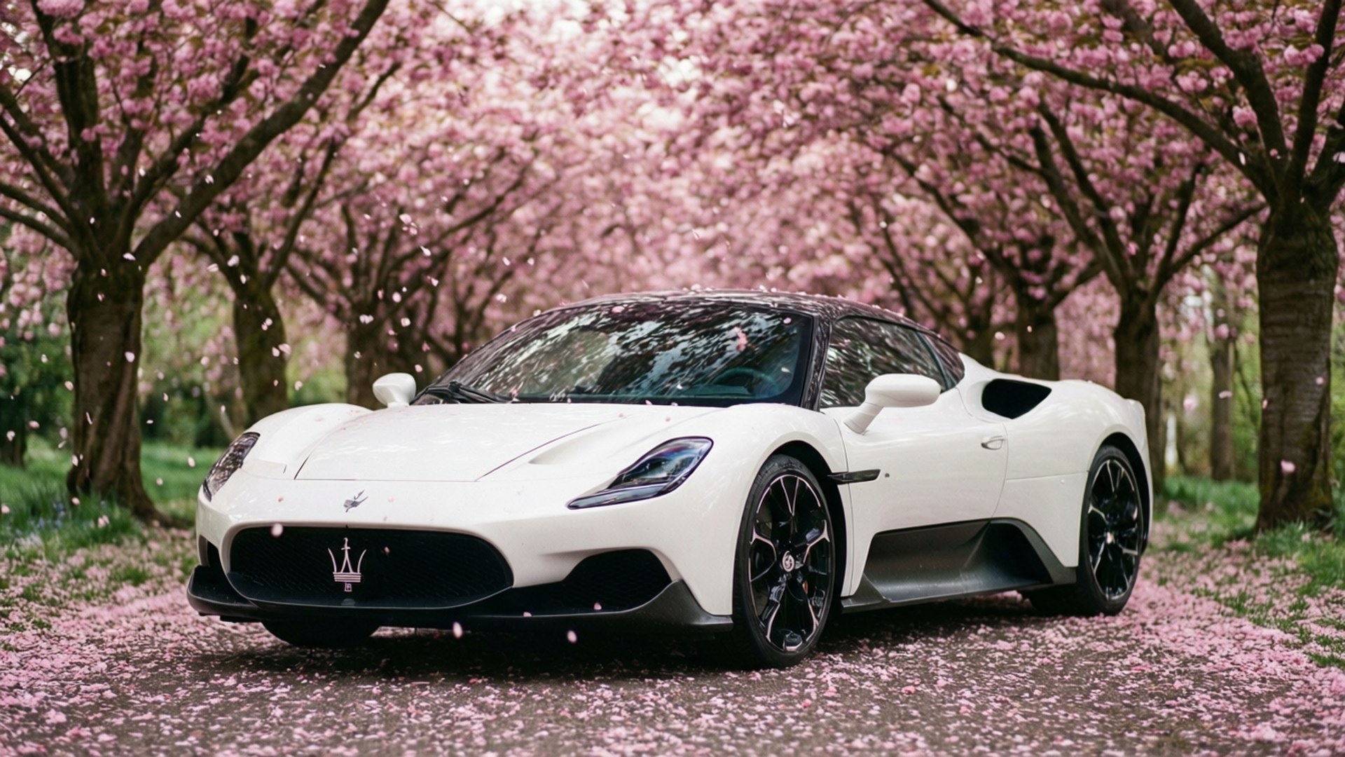 Maserati Mc20 桌布 壁紙 — 一輛純白色的瑪莎拉蒂跑車停放在盛開的粉紅櫻花樹冠下，花瓣飄落。