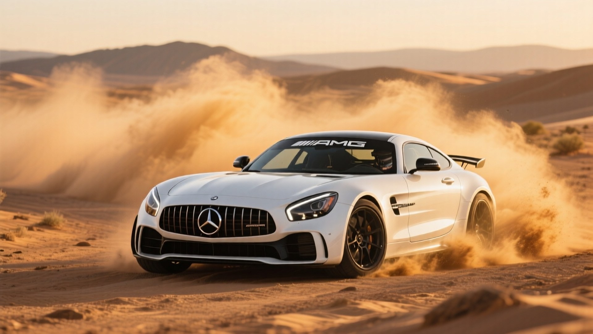 Desert Drift 壁紙 — 一輛白色Mercedes AMG GT跑車在陽光照耀的沙漠沙丘景觀中疾馳，揚起金色沙塵。