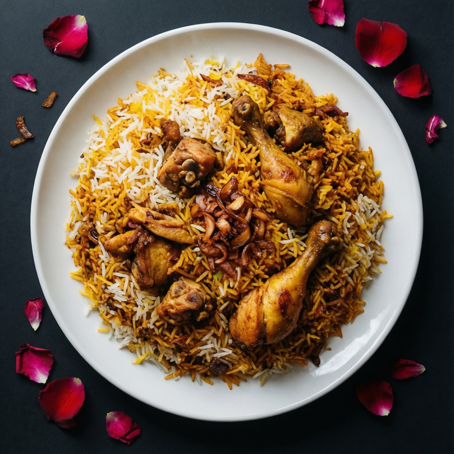 Chicken Biryani 桌布 壁紙 — 白色盤子上盛裝著金黃色雞肉印度香飯，搭配番紅花飯和焦糖洋蔥，周圍環繞著深紅色玫瑰花瓣，置於黑色表面上。