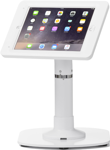 白色平板電腦置於可調節支架上，用於展示或使用。 — iPad 壁紙