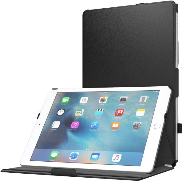 白色平板電腦在黑色皮套中打開顯示主畫面應用程式 — iPad 壁紙