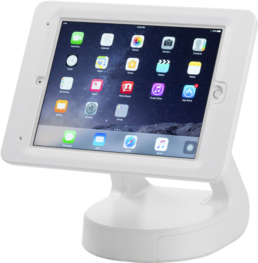白色平板電腦在支架上顯示 iOS 主畫面，背景是山脈壁紙。 — iPad 壁紙