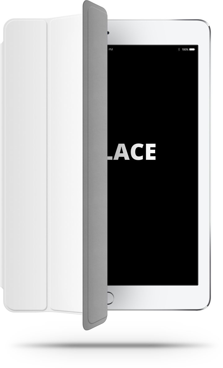 白色平板電腦，黑色螢幕顯示PLACE，部分被白色摺疊保護套遮蓋。 — iPad 壁紙