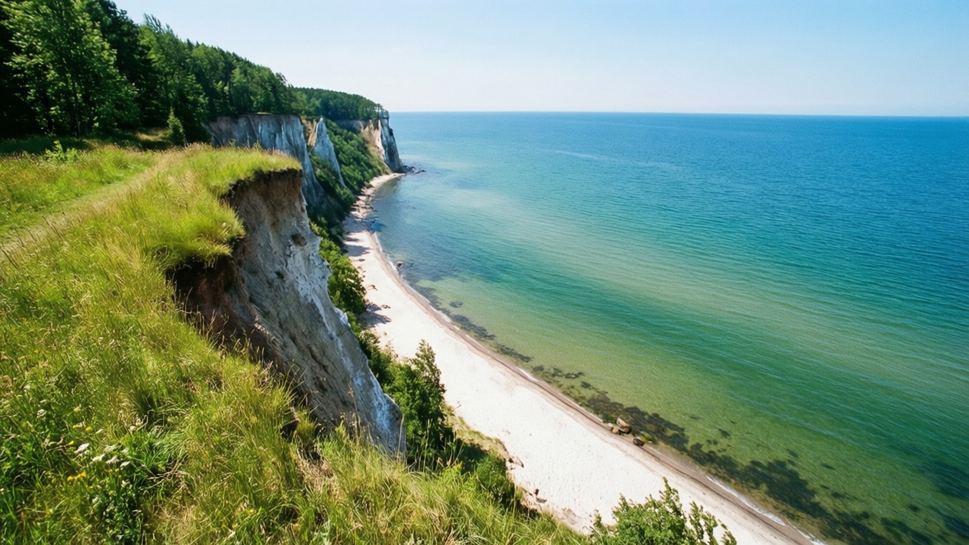 Wolin National Park Cliffs 壁紙 — 一覽無遺的白色沙灘景色，坐落於高聳的綠色懸崖和碧綠海洋之間，天空清澈湛藍。