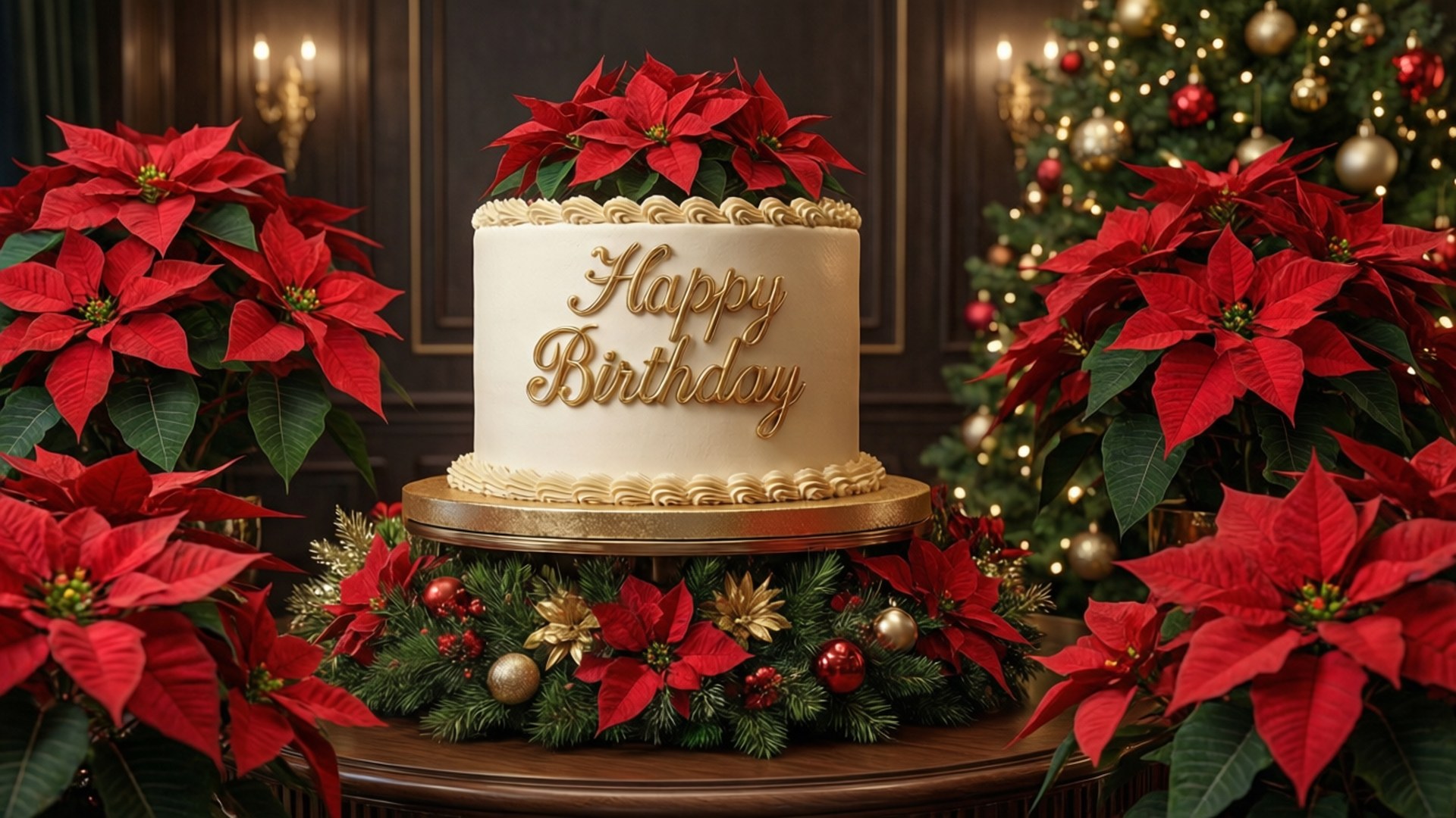 Poinsettia Birthday Luxe 壁紙 — 一個白色生日蛋糕，上面有金色字體和聖誕紅，放在木桌上，旁邊是一棵亮燈的聖誕樹。