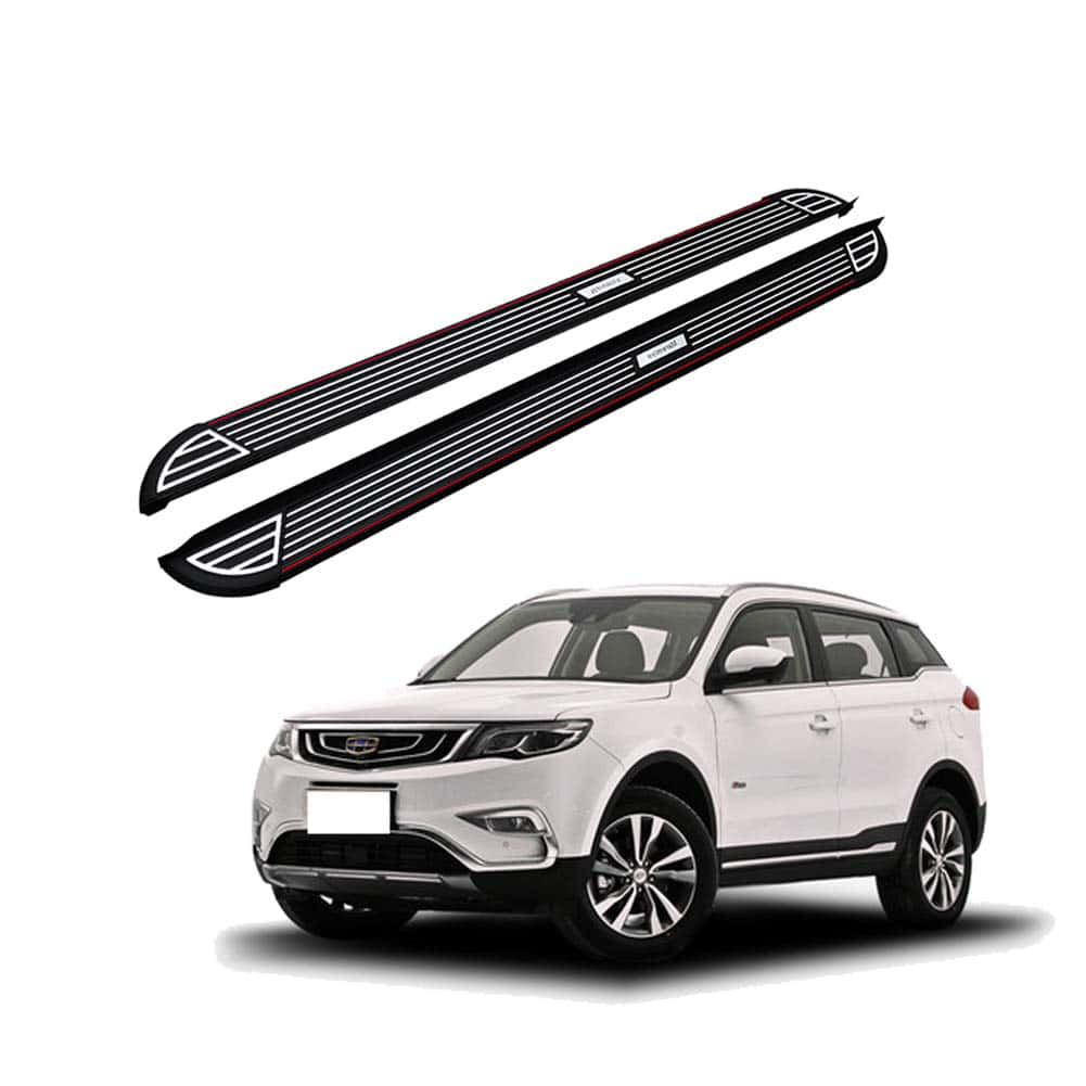 Geely Boyue 桌布 壁紙 — 白色SUV配以時尚黑色和紅色門檻，在潔白背景上展示。