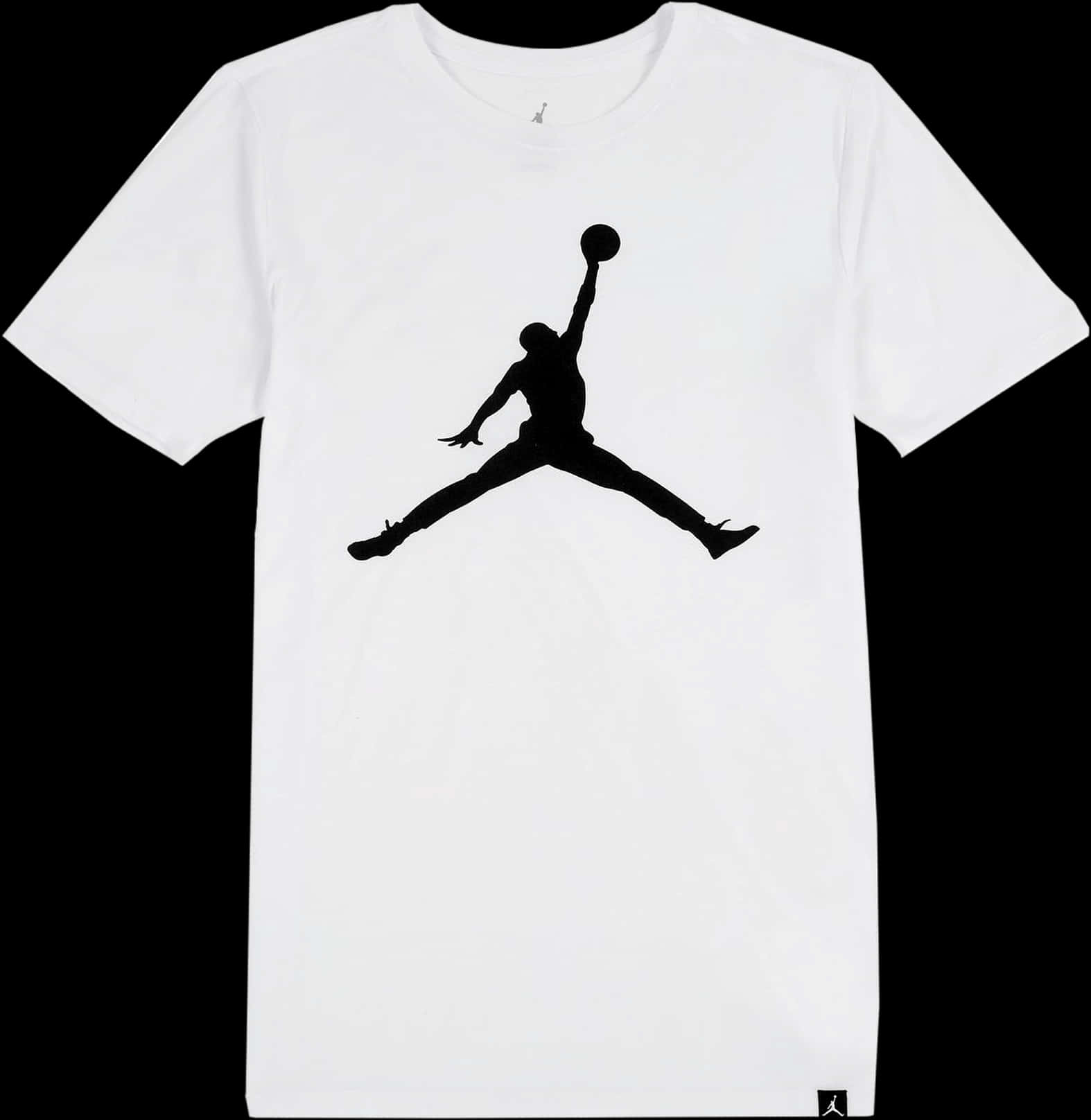 白色T恤帶有黑色Jumpman剪影，籃球運動員扣籃。 — Jordan Logo 壁紙