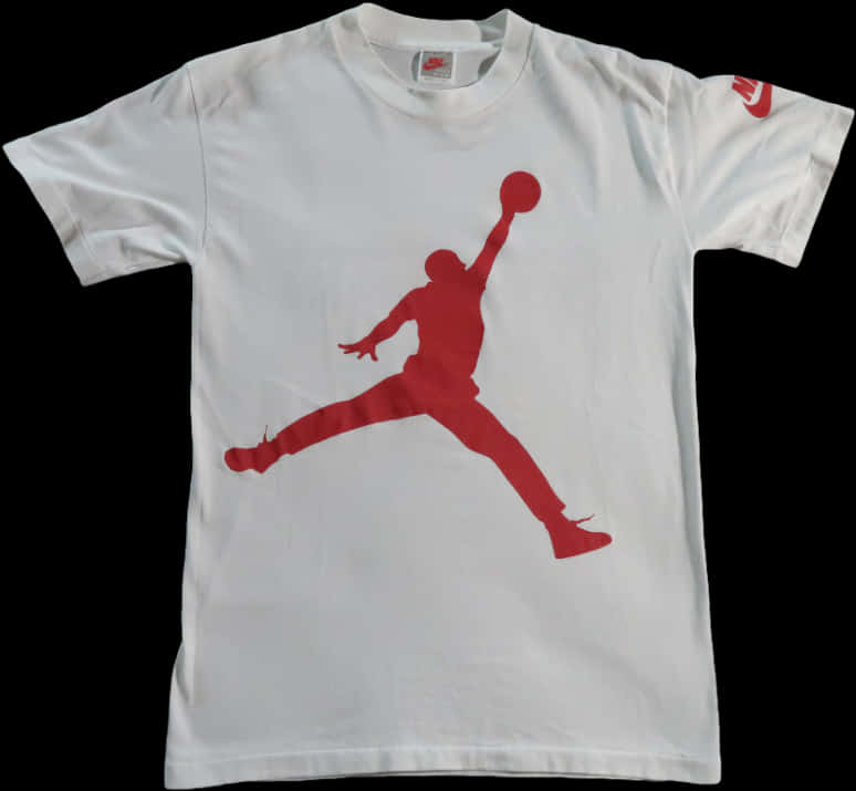 白色T恤，帶有灌籃籃球運動員的紅色Jumpman標誌剪影。 — Jordan Logo 壁紙