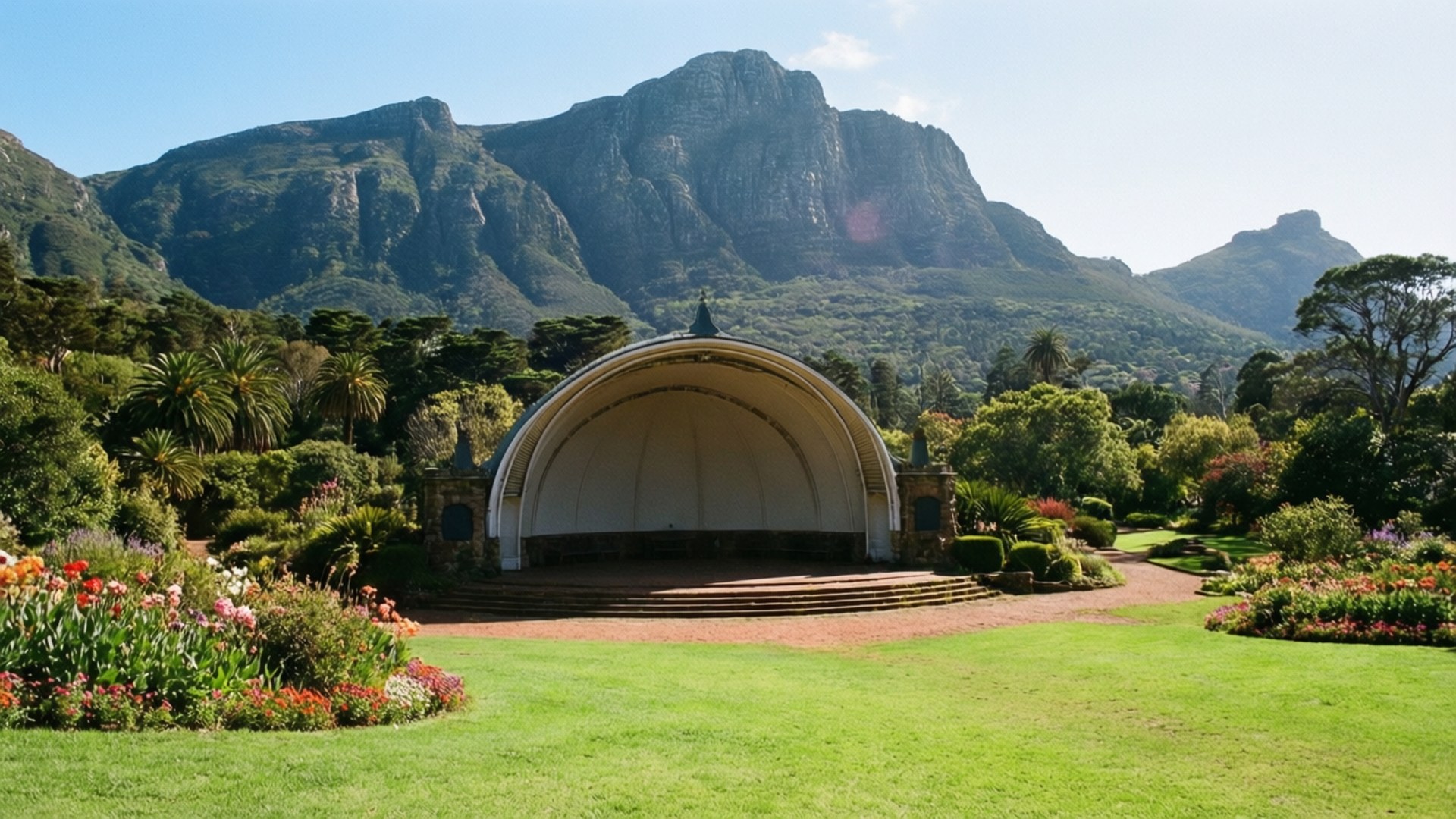 Kirstenbosch Garden Beauty 壁紙 — 一座彎曲的白色涼亭坐落在一個修剪整齊的花園中，花園裡有色彩繽紛的花朵和綠色草坪，背景是晴朗藍天下高聳的岩石山脈。