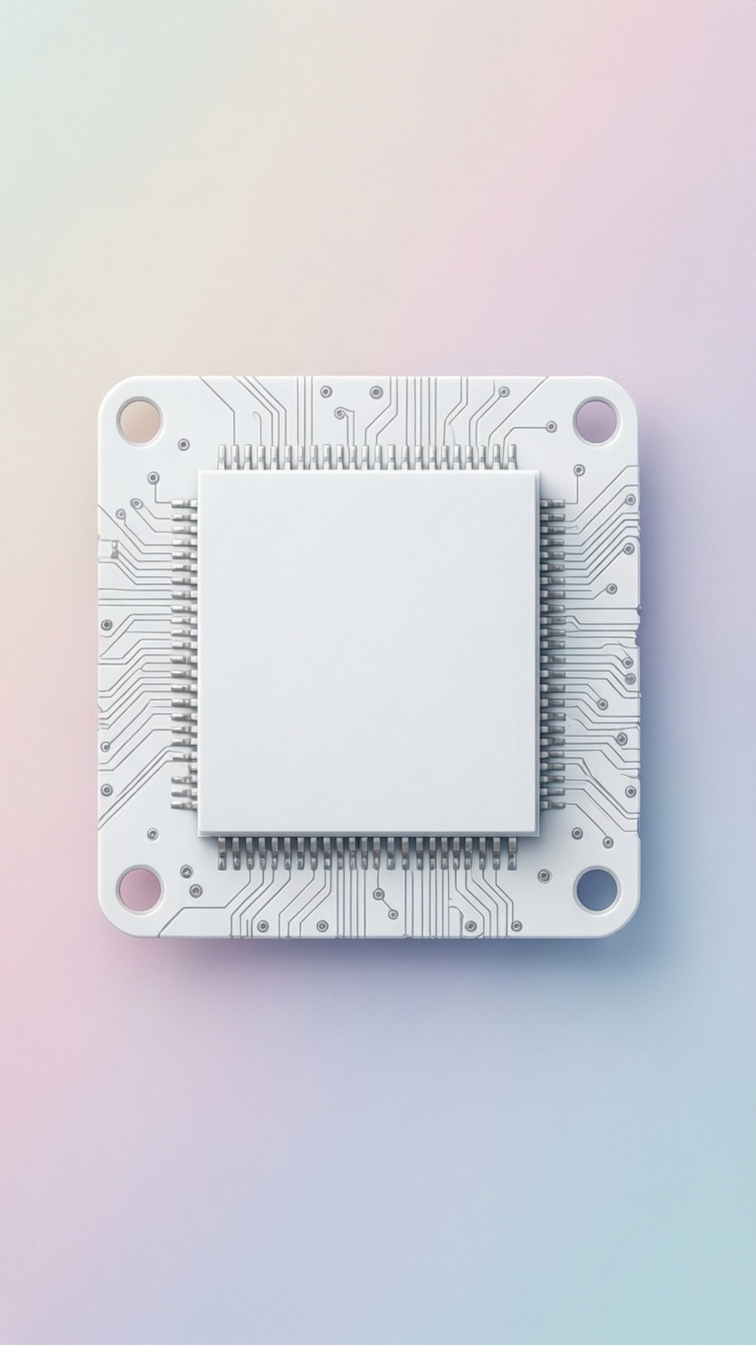 White Minimal Board 壁紙 — 一個白色方形微晶片帶有金屬引腳，置中於白色電路板上，背景為柔和粉彩漸變色。