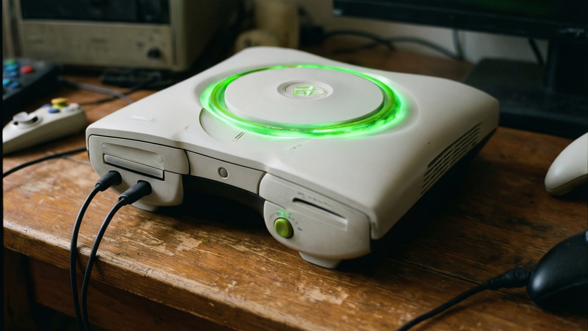 Classic Xbox 360 壁紙 — 一台白色Xbox主機帶有發光綠色圓形燈光，放置在一個磨損的木桌上，周圍是遊戲周邊設備。
