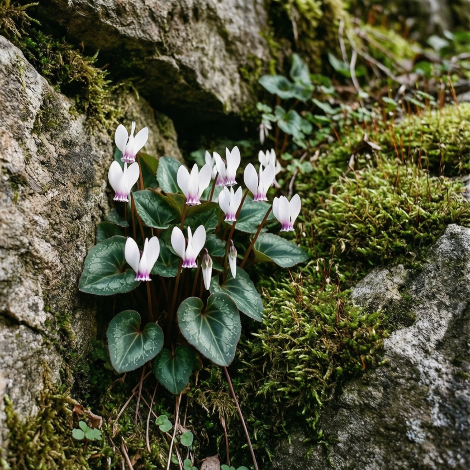 Wild Rock Cyclamen 壁紙 — 白色仙客來花，紫色中心，在綠色苔蘚和灰色岩石之間的自然裂縫中綻放。