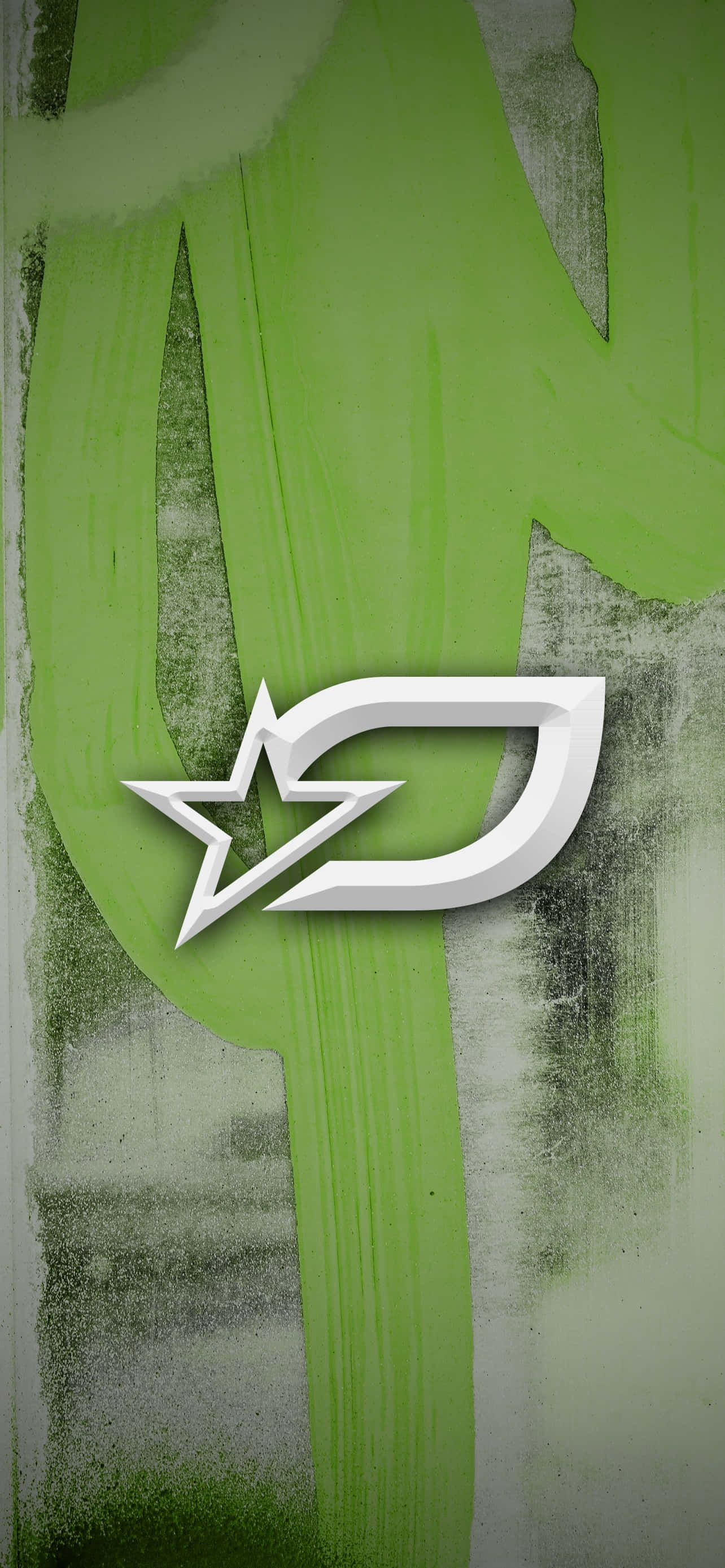 Optic Gaming 桌布 壁紙 — 白色星星和旋風標誌在帶有紋理的綠色和灰色塗鴉風格牆上格外突出。