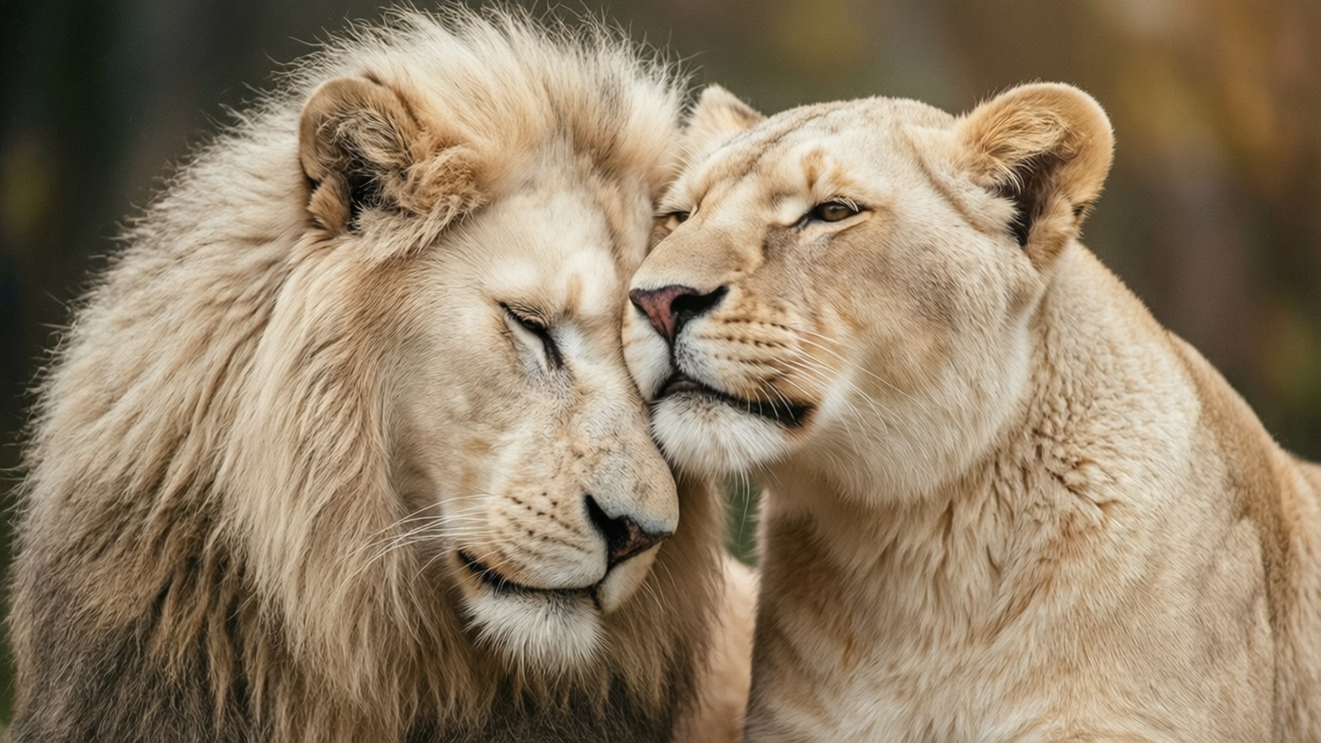Affectionate Pair 壁紙 — 一頭白色雄獅和雌獅溫柔地依偎在一起，毛色柔軟金黃，表情平靜。