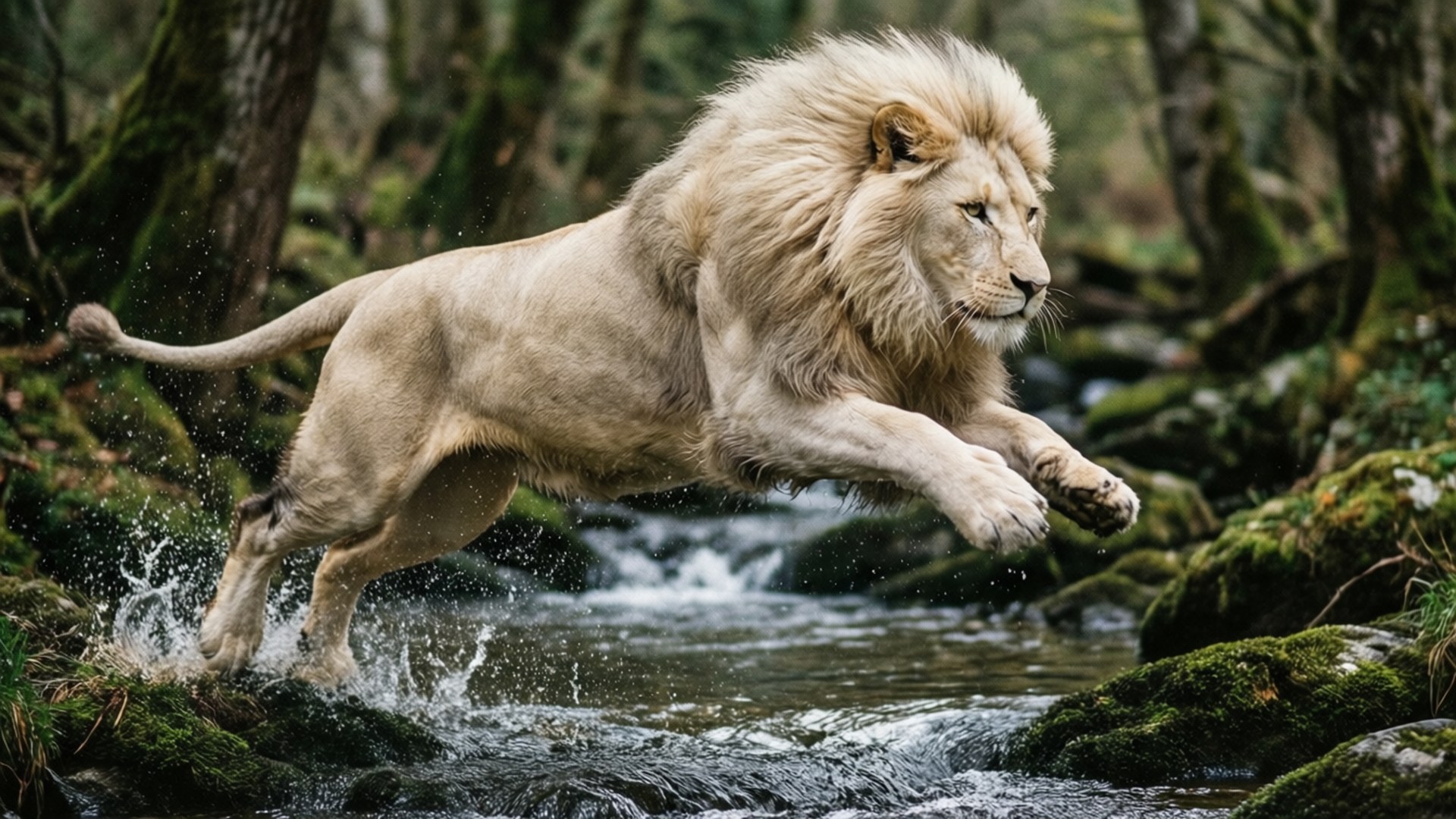 Leaping Stream 壁紙 — 一頭雄偉的白色雄獅強力躍過長滿苔蘚的森林溪流，濺起水花。