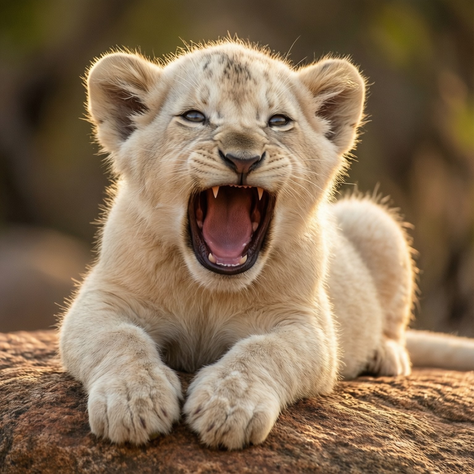 Yawning Cub 壁紙 — 一隻白色幼獅在陽光普照的岩石上打呵欠，毛髮柔軟，眼睛明亮。