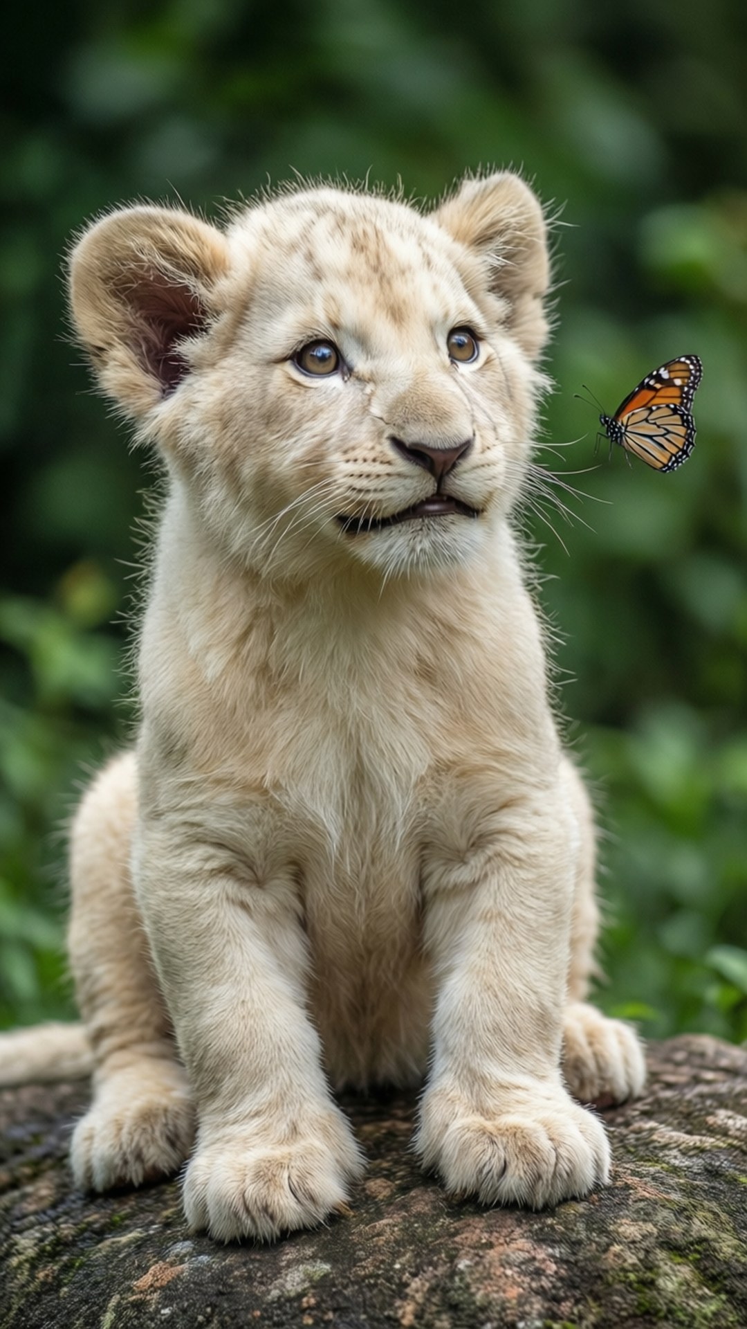 Curious Cub 壁紙 — 一隻年輕的白獅幼崽警覺地坐在長滿苔蘚的石頭上，一隻帝王斑蝶在牠的臉旁飛舞，背景是模糊的綠色森林。