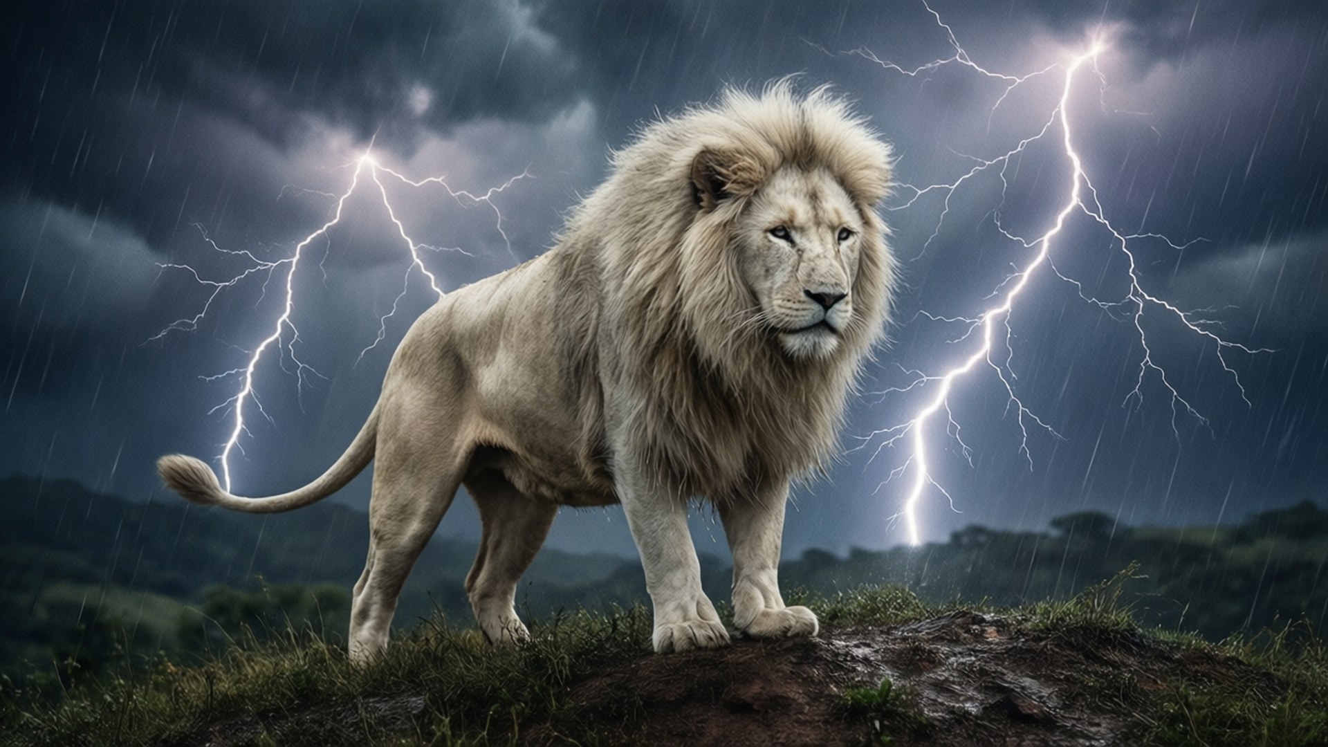 Lightning Storm 壁紙 — 一頭雄偉的白獅站在長滿草的山丘上，閃電在暴風雨的天空中分叉。